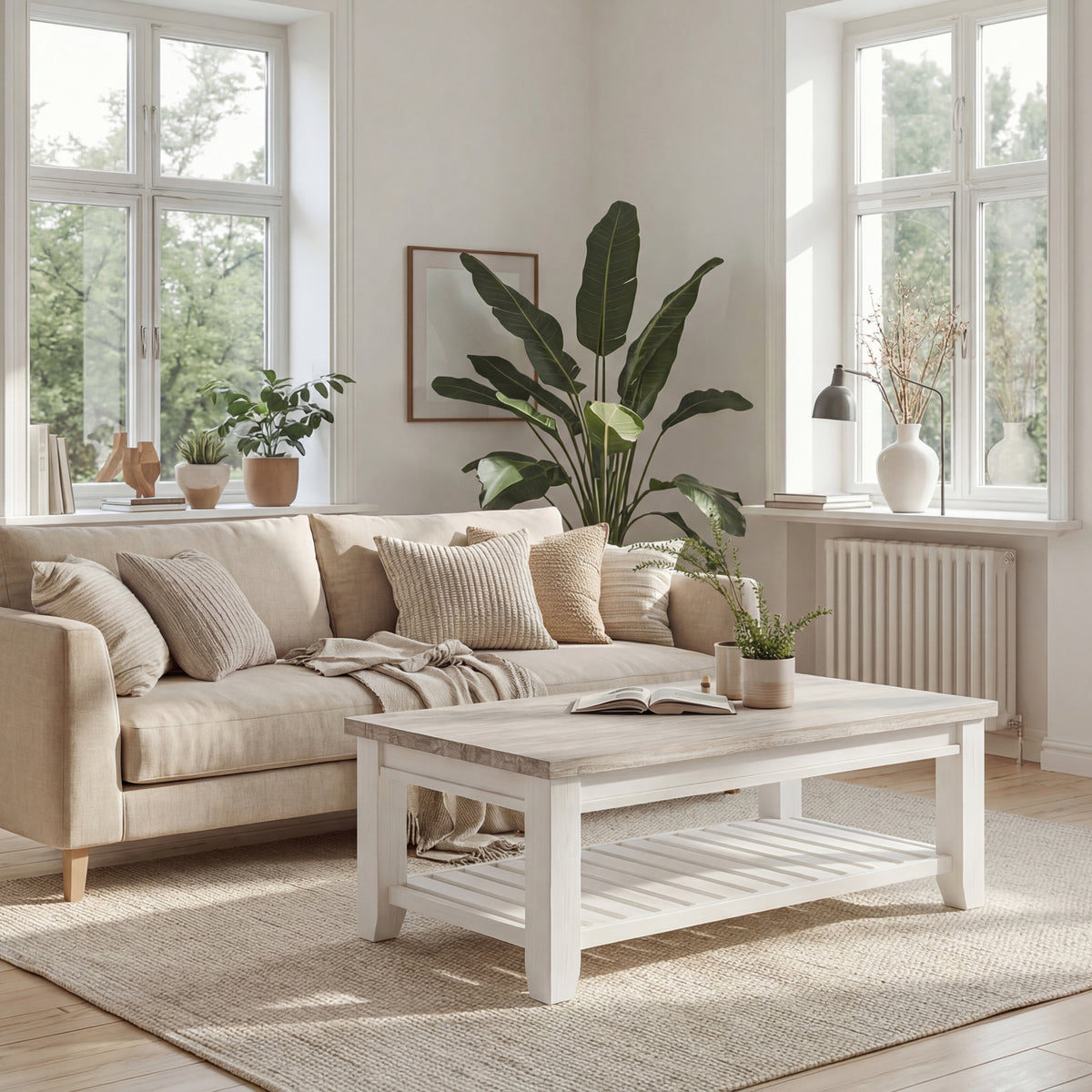 Byron Acacia Coffee Table in front of a linen sofa in a bright Scandinavian room with a traveller palm