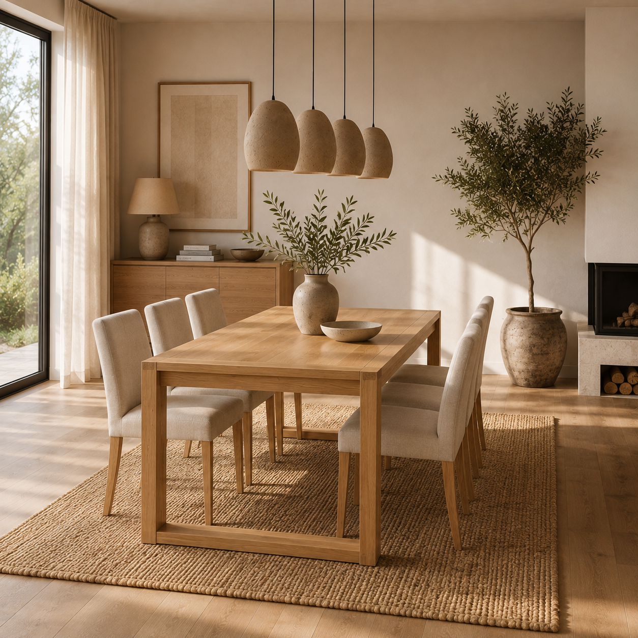 Richmond Pine Dining Table 190cm with 6 chairs - Natural