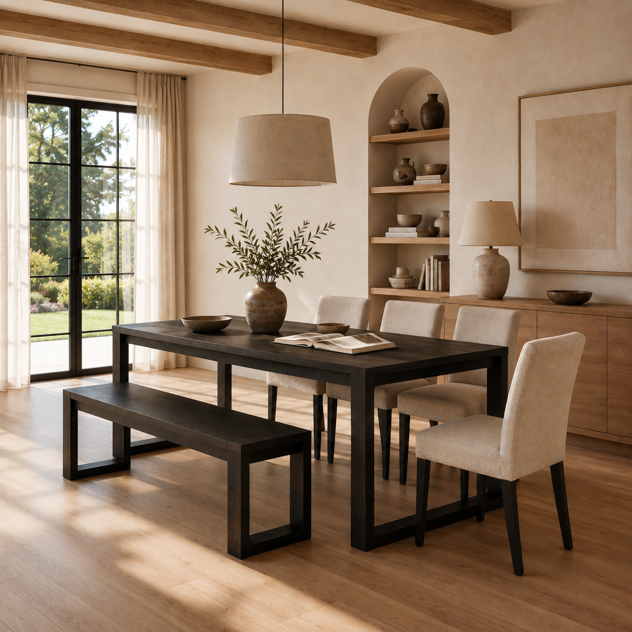 Richmond Pine Dining Table 190cm with 4 Chairs & Bench 158cm - Black