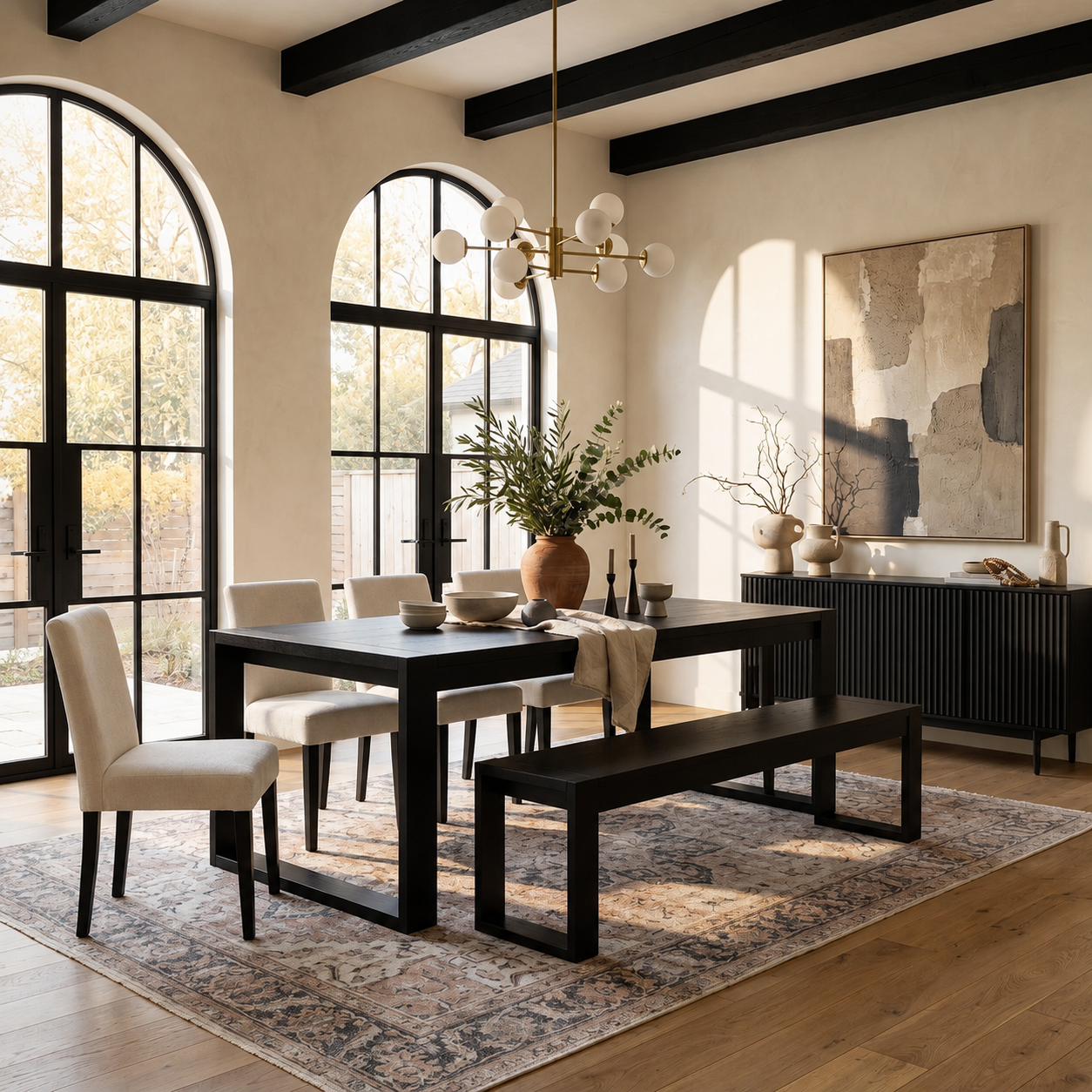 Richmond Pine Dining Table 190cm with 4 Chairs & Bench 158cm - Black