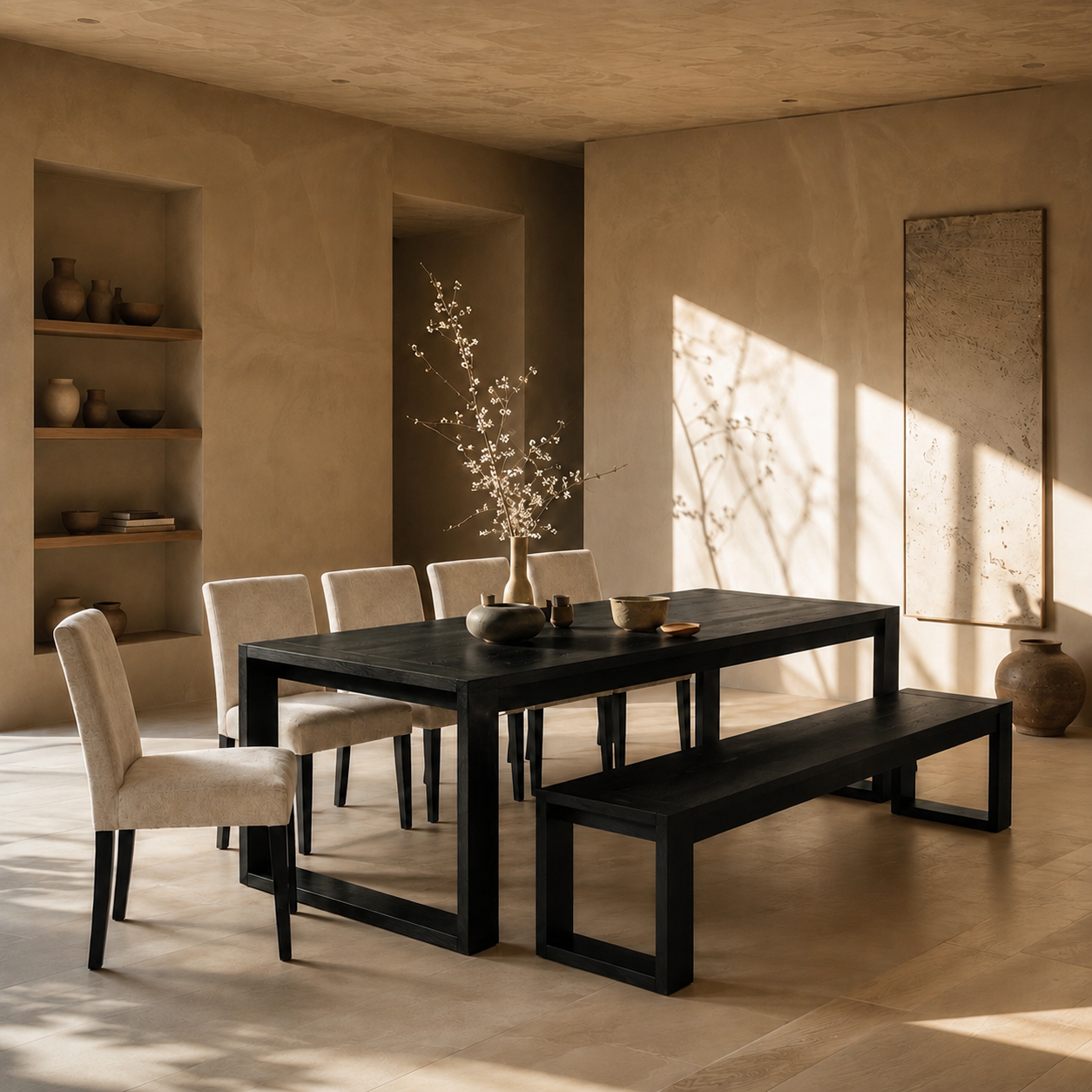 Richmond Pine Dining Table 240cm with 4 Chairs & Bench 208cm - Black