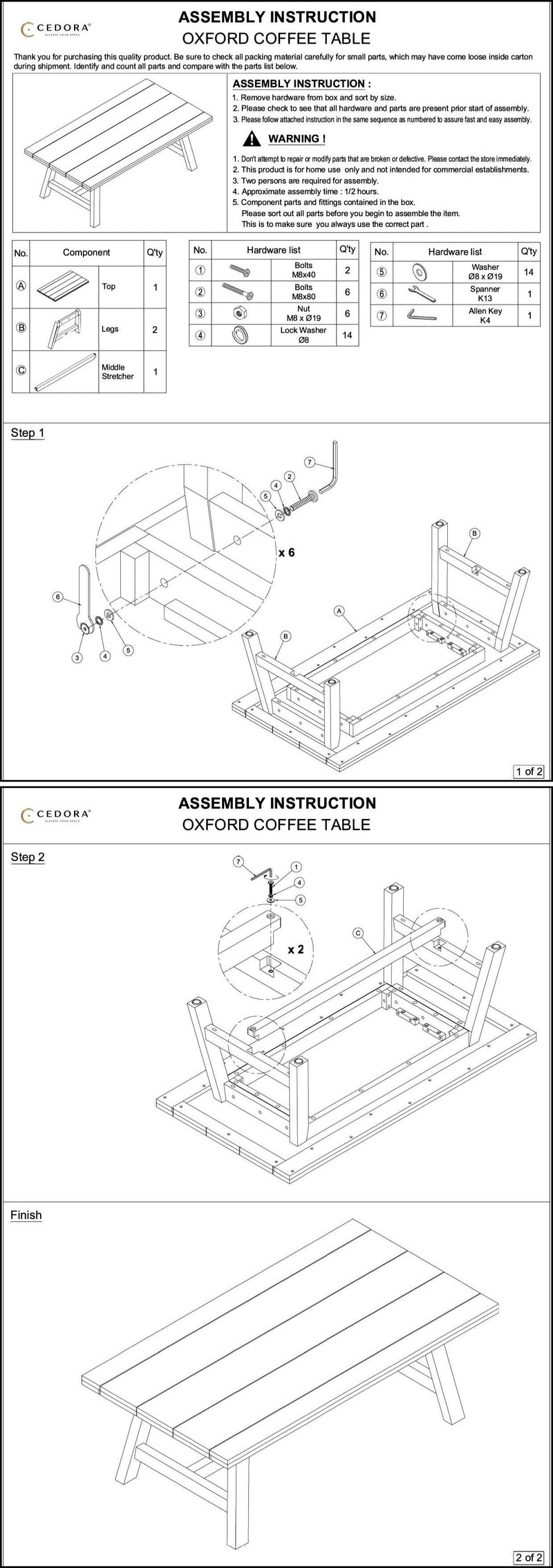 Step-by-step assembly instructions for a coffee table on a white background

