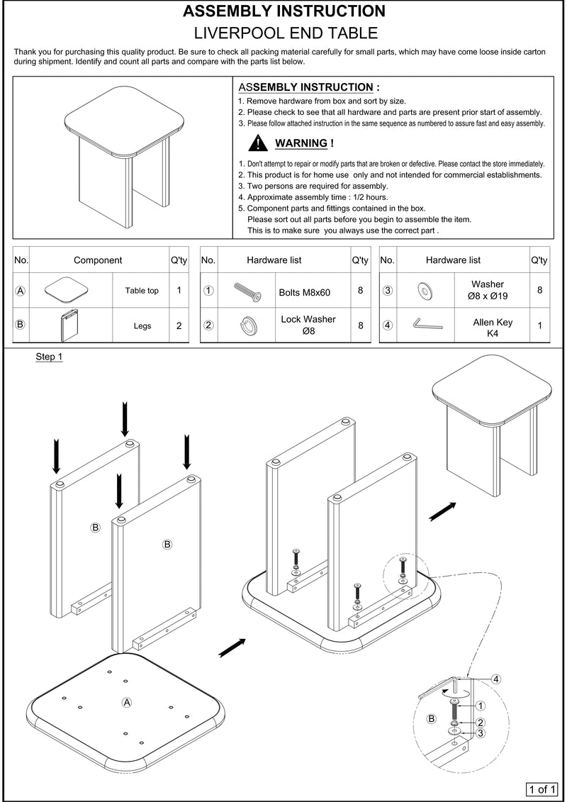 Assembly instruction sheet for a Liverpool end table with diagrams and text.

