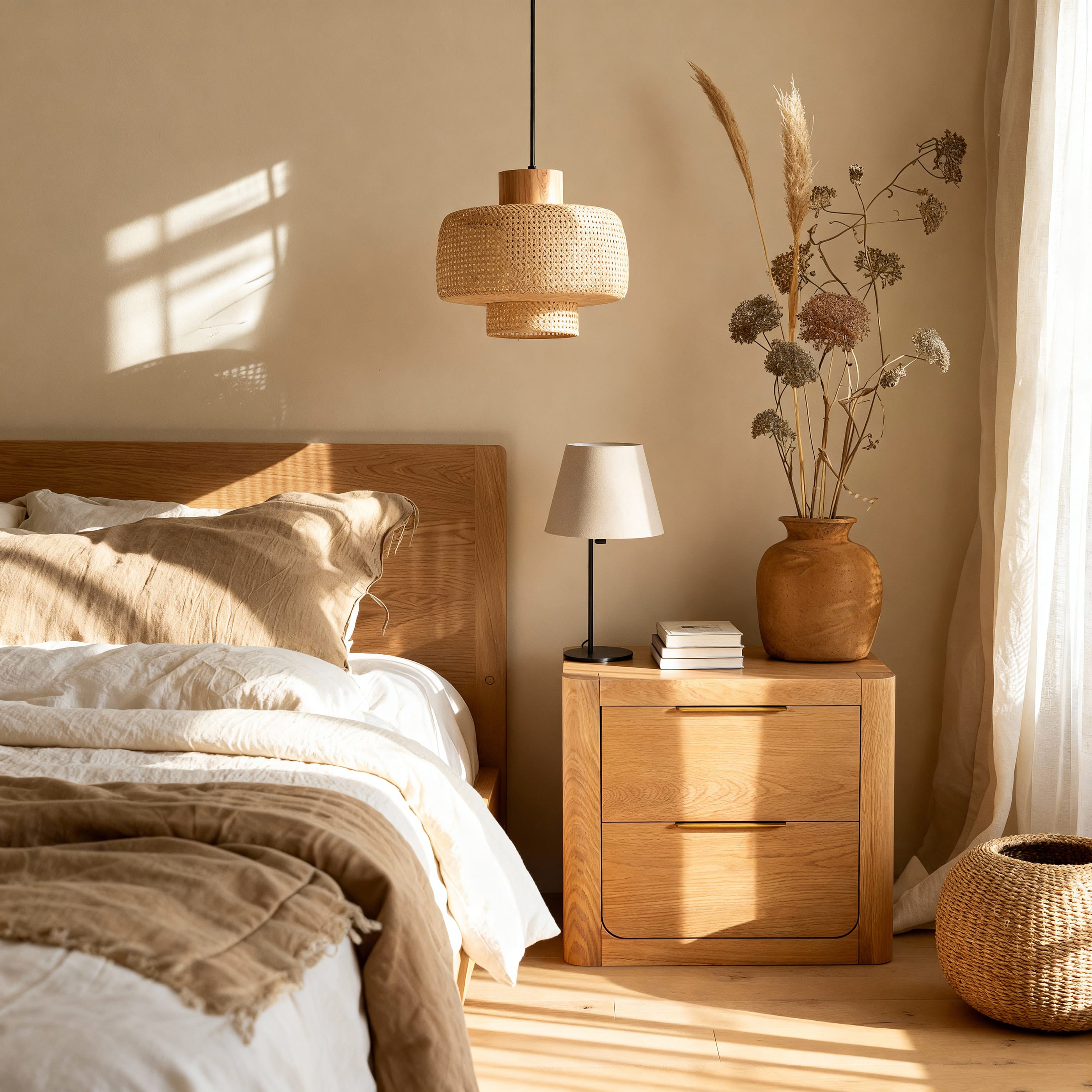 Cozy bedroom with wooden bed, nightstand, and decorative elements.

