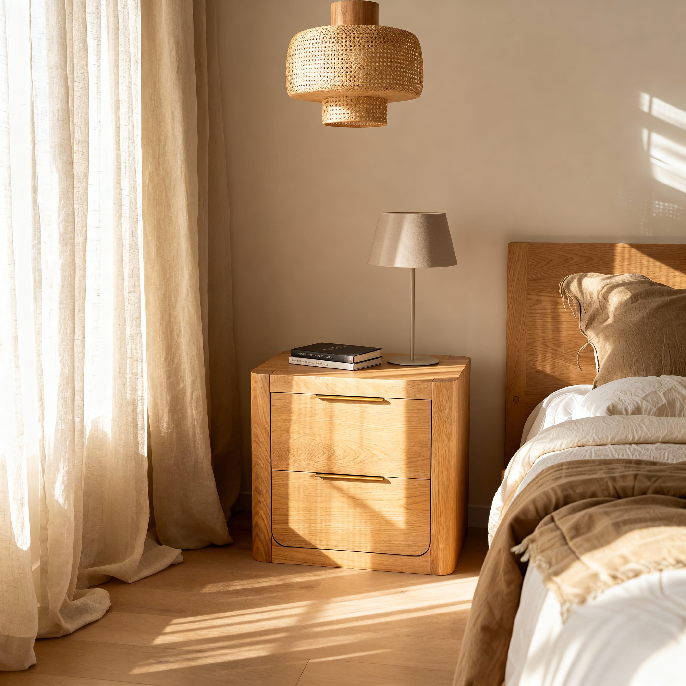 Bedroom with wooden nightstand, lamp, and bed with pillows.

