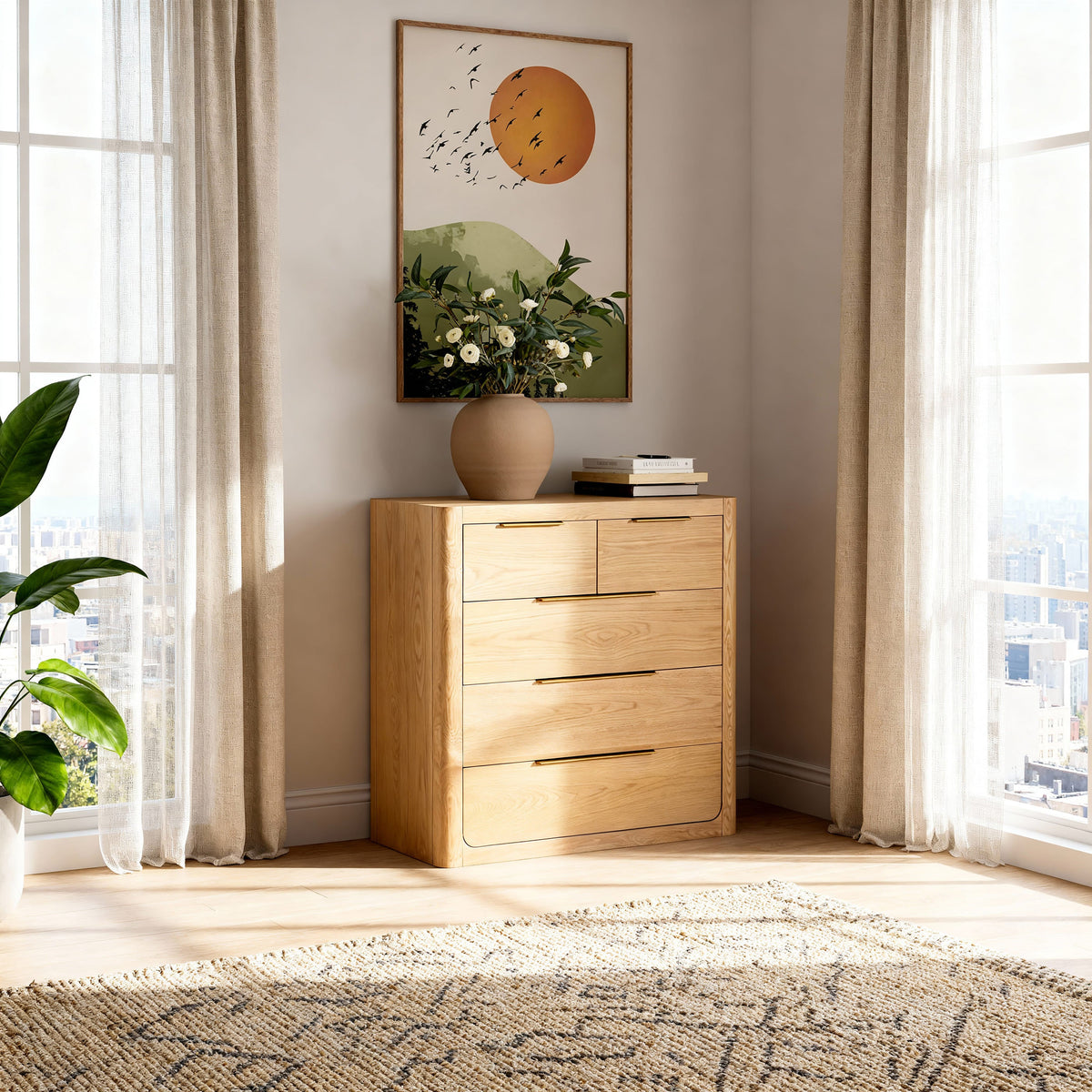 Liverpool Pine 3-Piece Bedroom Set – Queen Bed, Bedside & Tallboy – Natural — Liverpool Tallboy — lifestyle 1