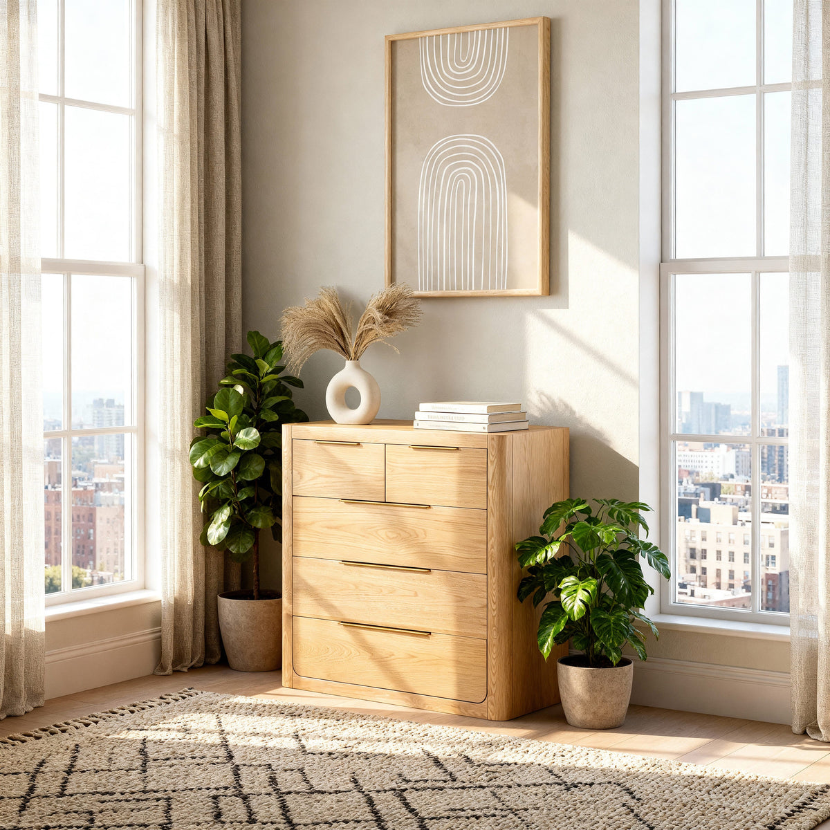 Liverpool Pine 3-Piece Bedroom Set – Queen Bed, Bedside & Tallboy – Natural — Liverpool Tallboy — lifestyle 3