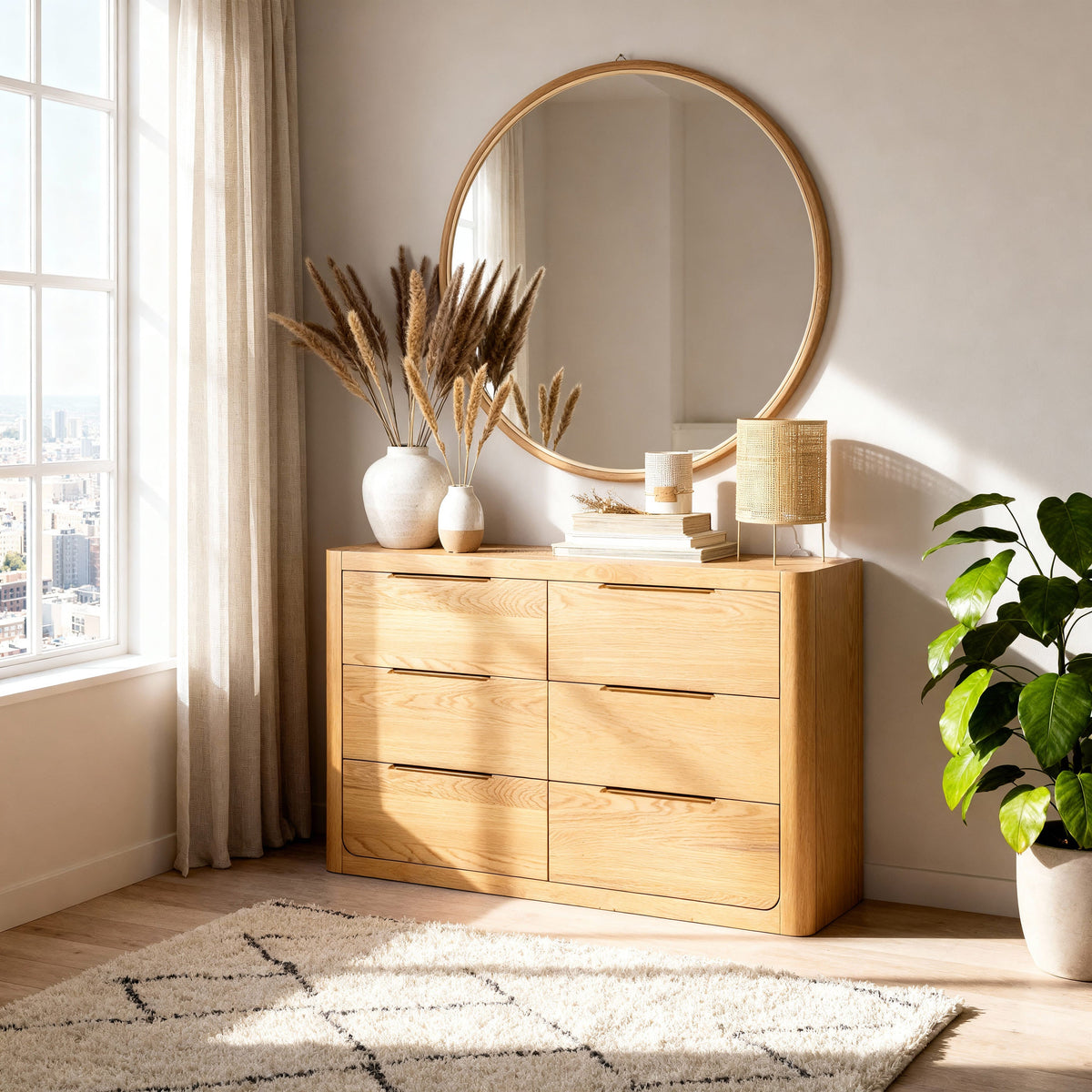 Liverpool Pine 3-Piece Bedroom Set – Queen Bed, Bedside & 6-Drawer Chest – Natural — Liverpool 6-Drawer Chest — lifestyle 3
