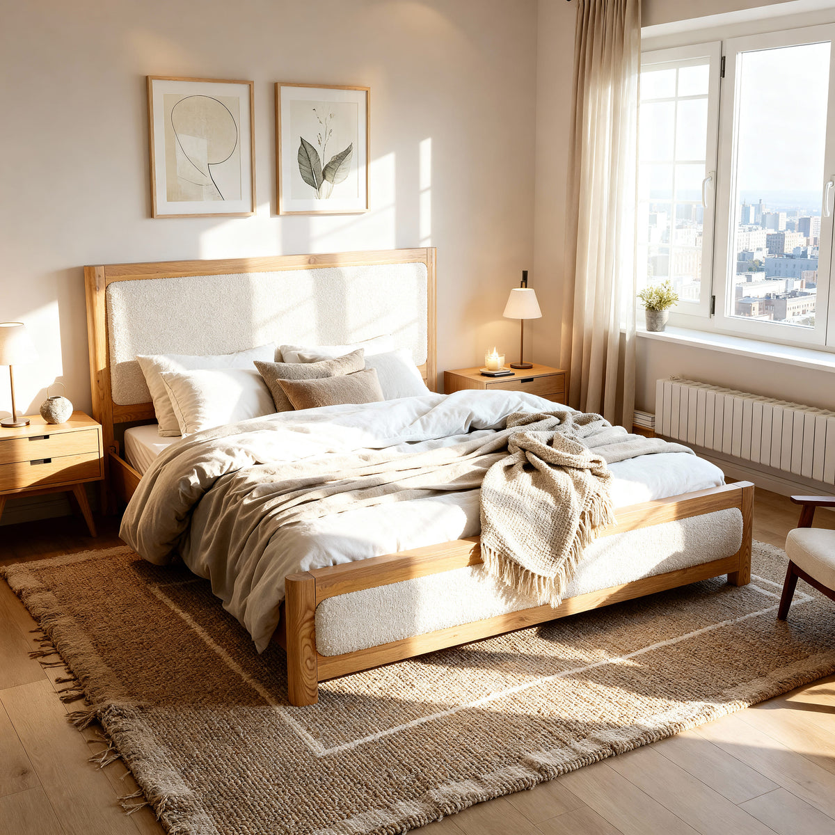 Liverpool Pine King Bed Frame - Natural made up with a fringed throw below two botanical prints, beside a radiator