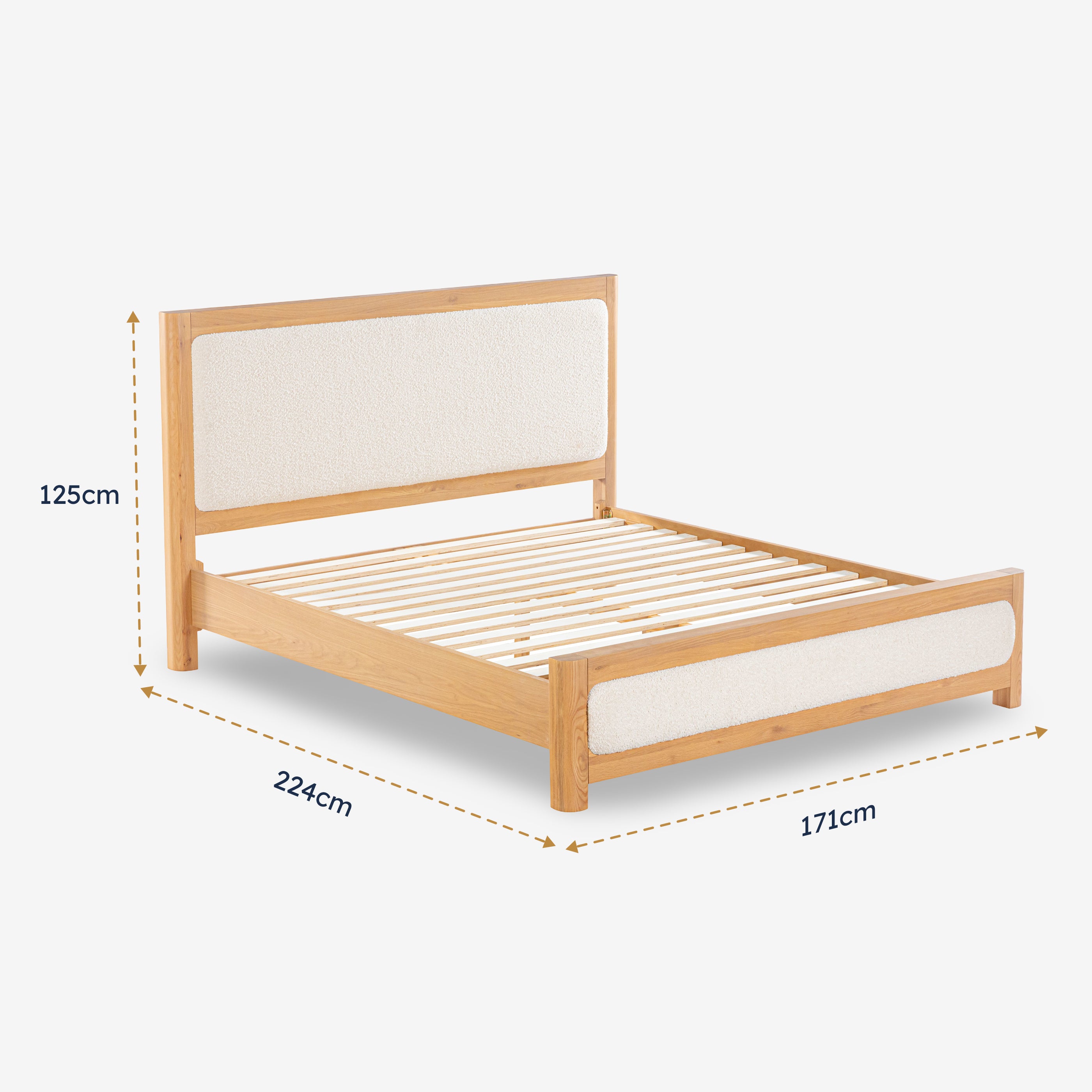 Wooden bed frame with dimensions on a white background

