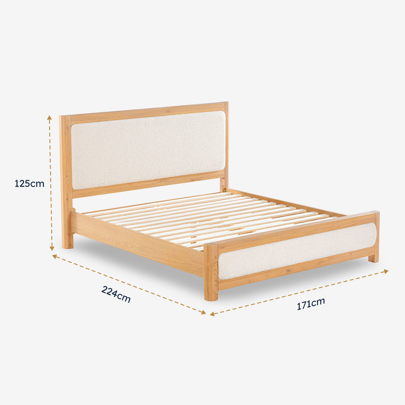 Wooden bed frame with dimensions on a white background

