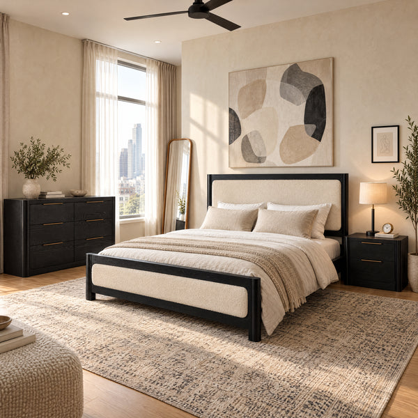 Liverpool Pine 3-Piece Bedroom Set – Double Bed, Bedside & 6-Drawer Chest – Black