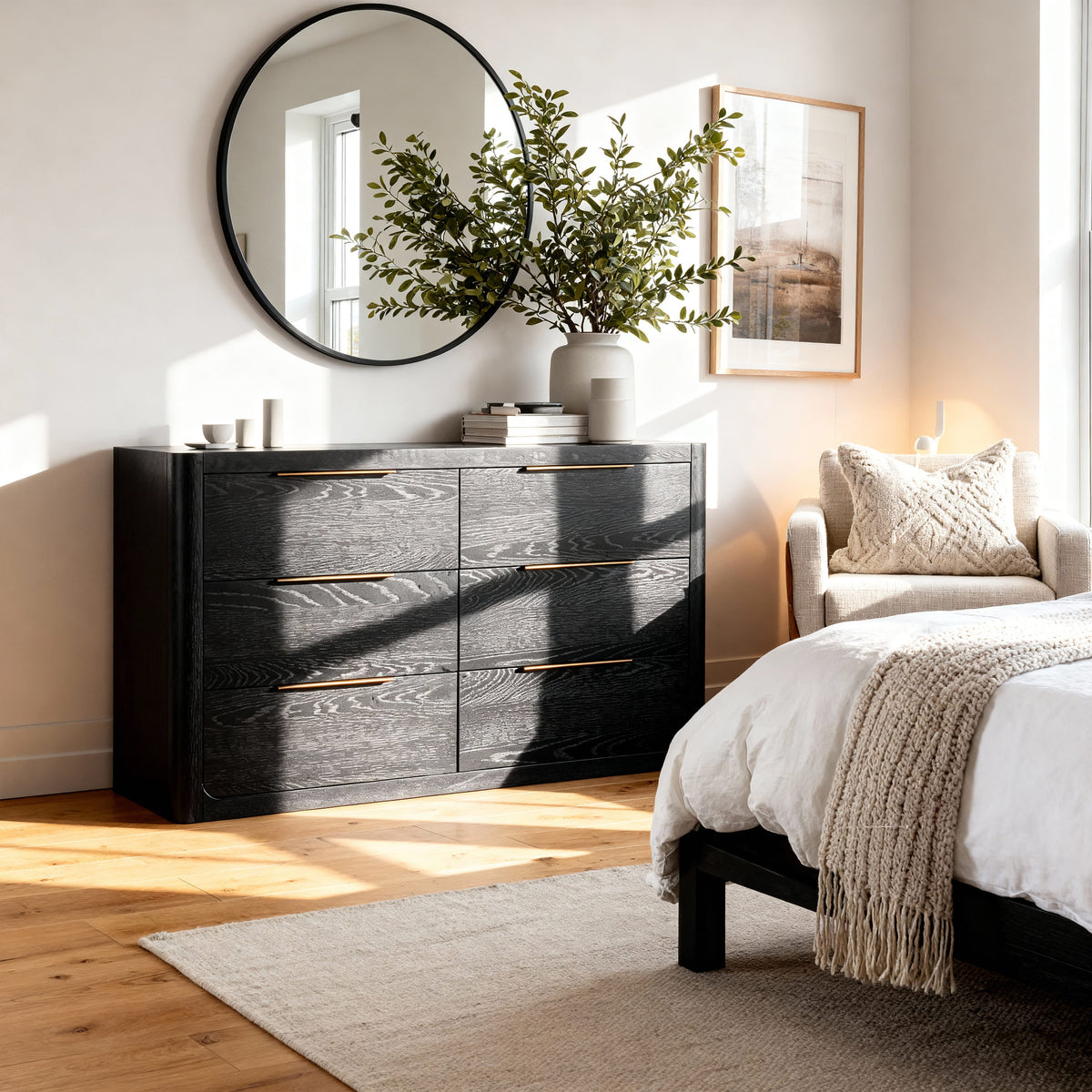 Liverpool Pine 3-Piece Bedroom Set – Queen Bed, Bedside & 6-Drawer Chest – Black — Liverpool 6-Drawer Chest — lifestyle 3