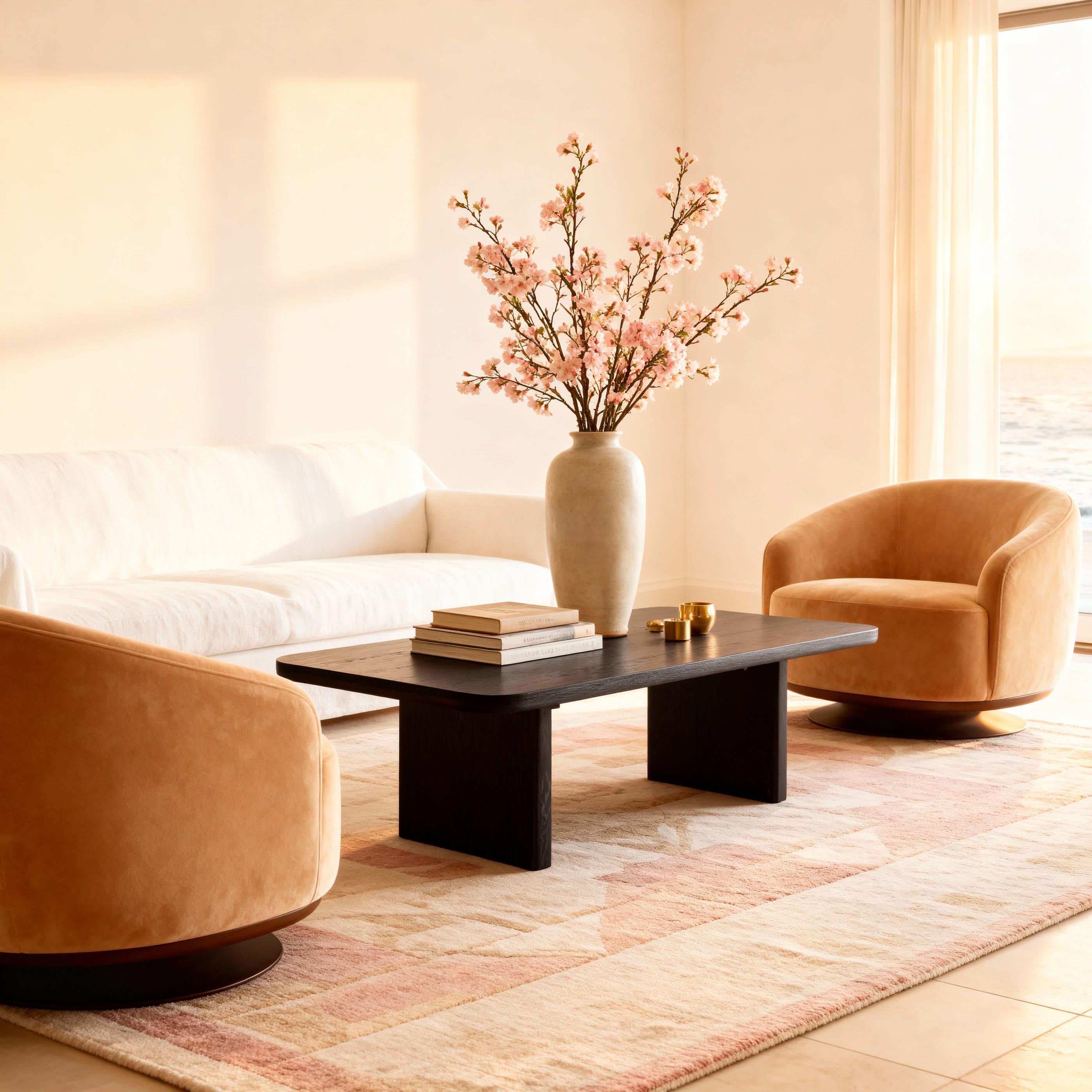 Modern living room with beige armchairs, a black coffee table, and a vase with pink flowers.

