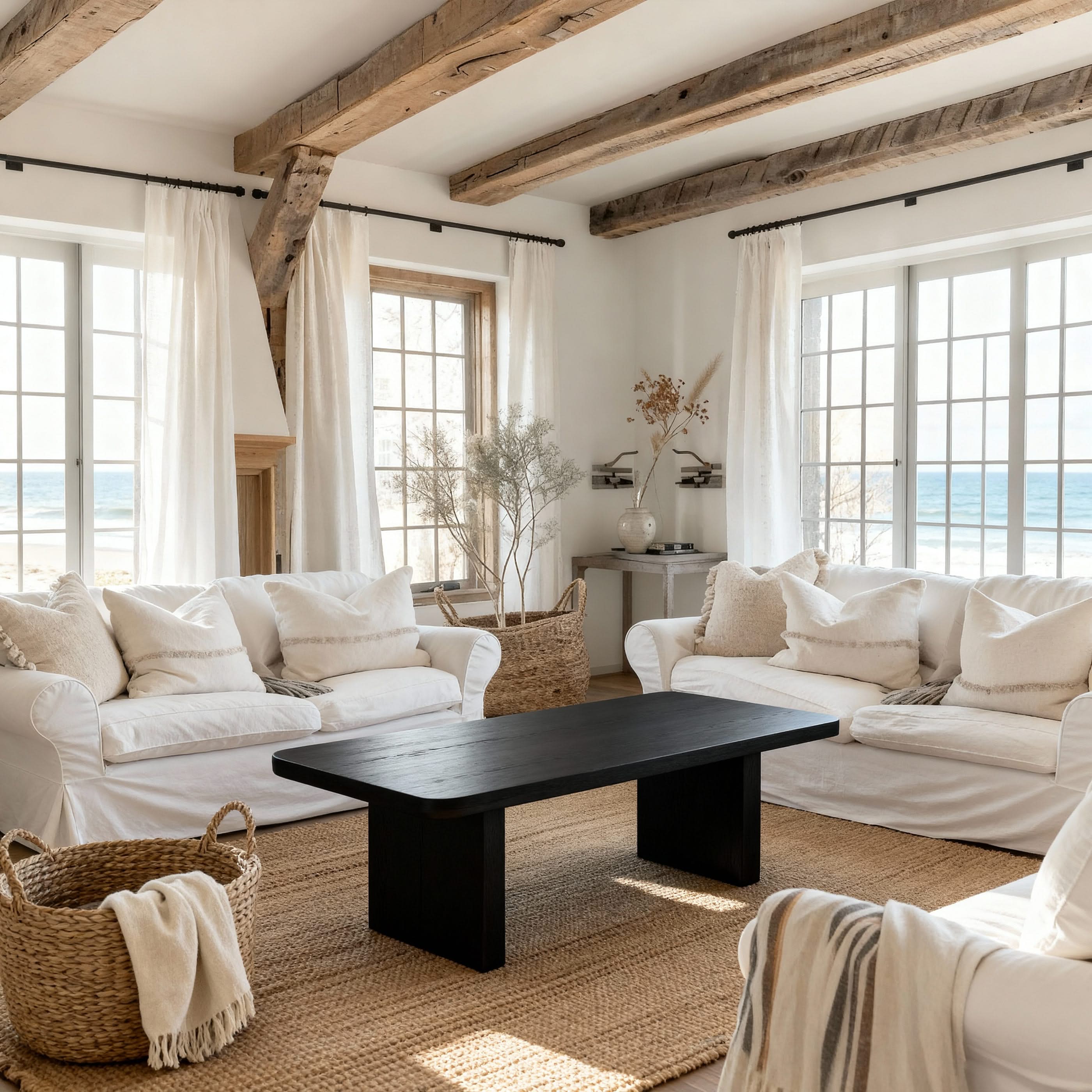 Modern living room with white sofas, a black coffee table, and wooden beams.

