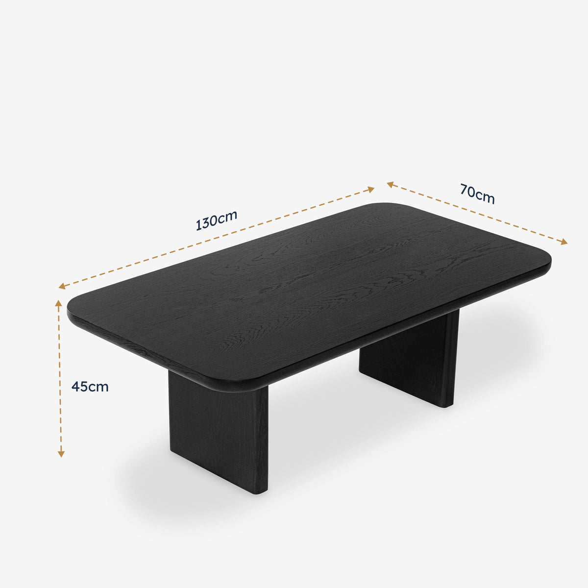 Black wooden table with dimensions indicated on a white background

