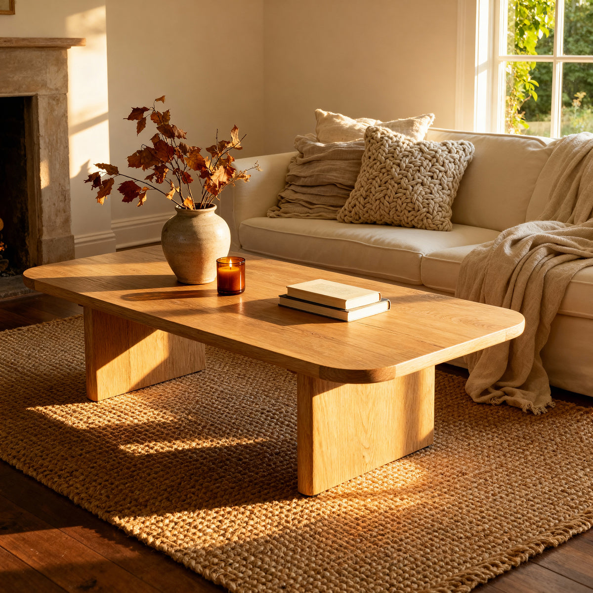 Cozy living room with a wooden coffee table, beige sofa, and decorative elements.

