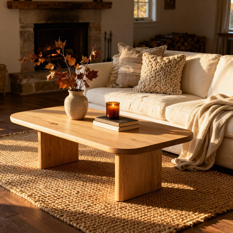 Cozy living room with a wooden coffee table, vase with leaves, and candles.

