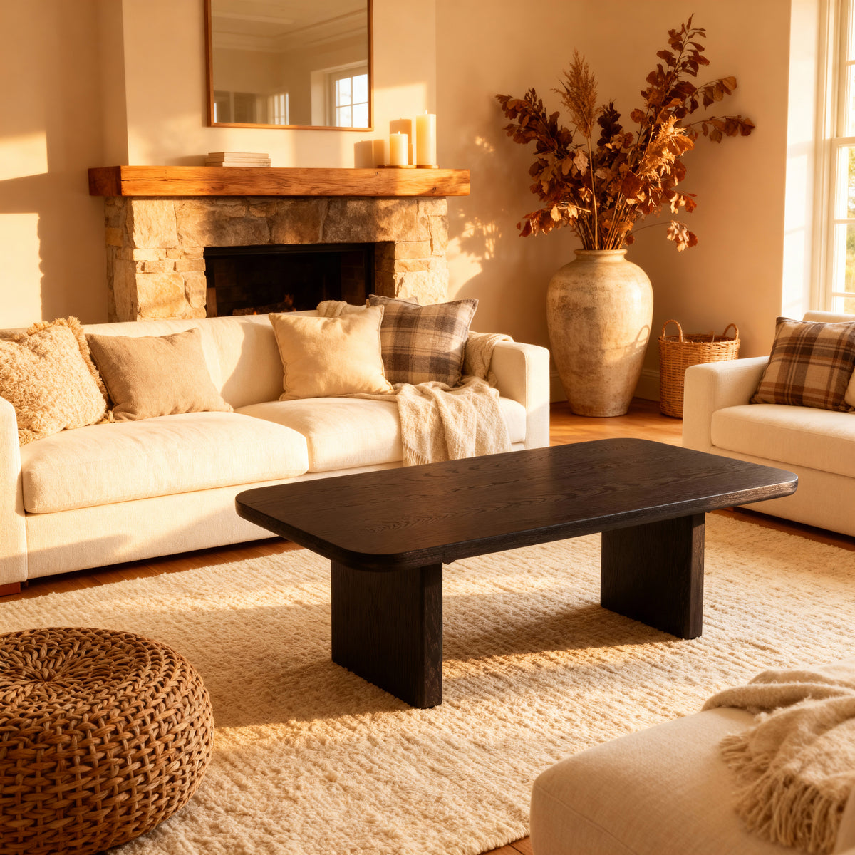 Living room with a white sofa, dark coffee table, and decorative elements.

