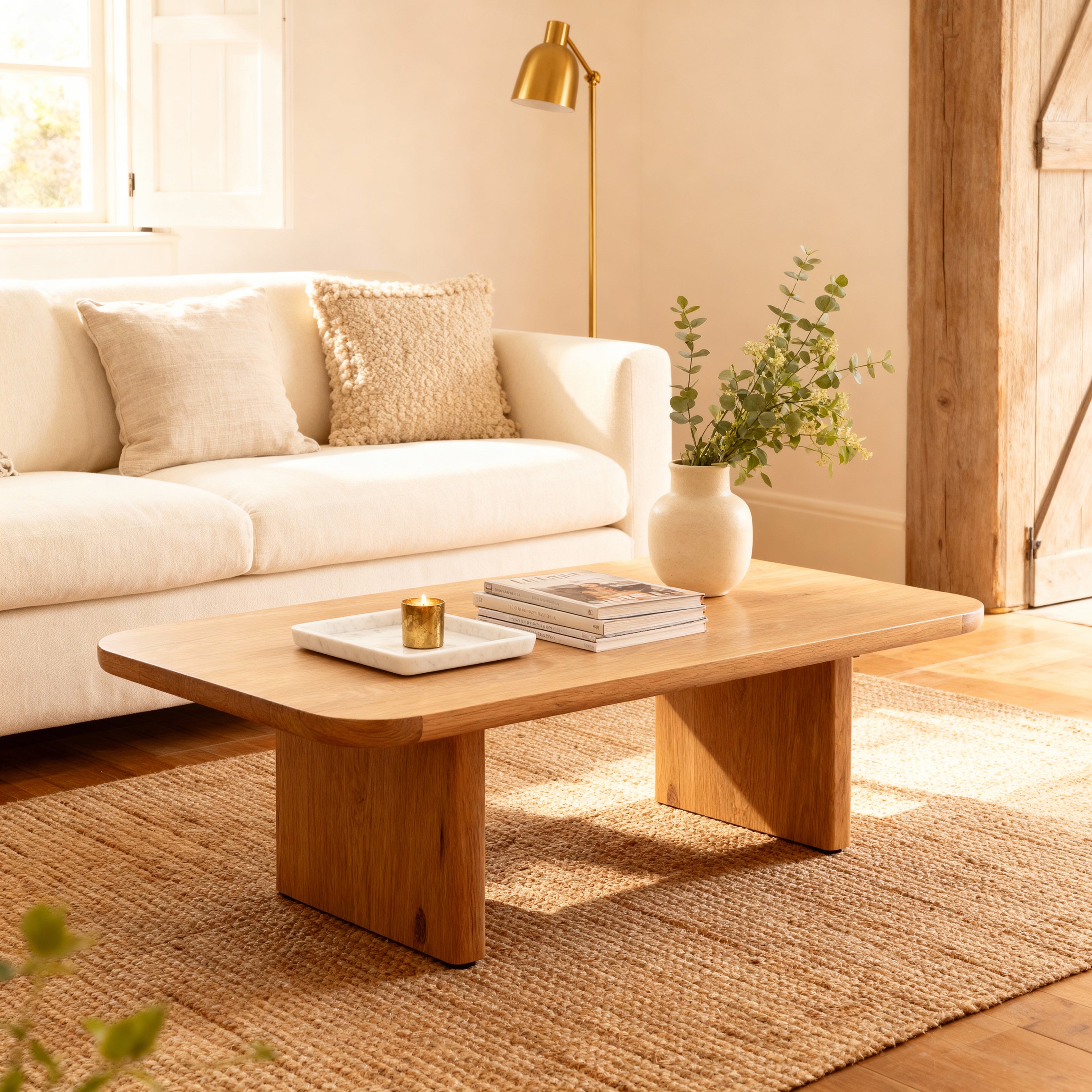 Living room with a wooden coffee table, white sofa, and decorative items.

