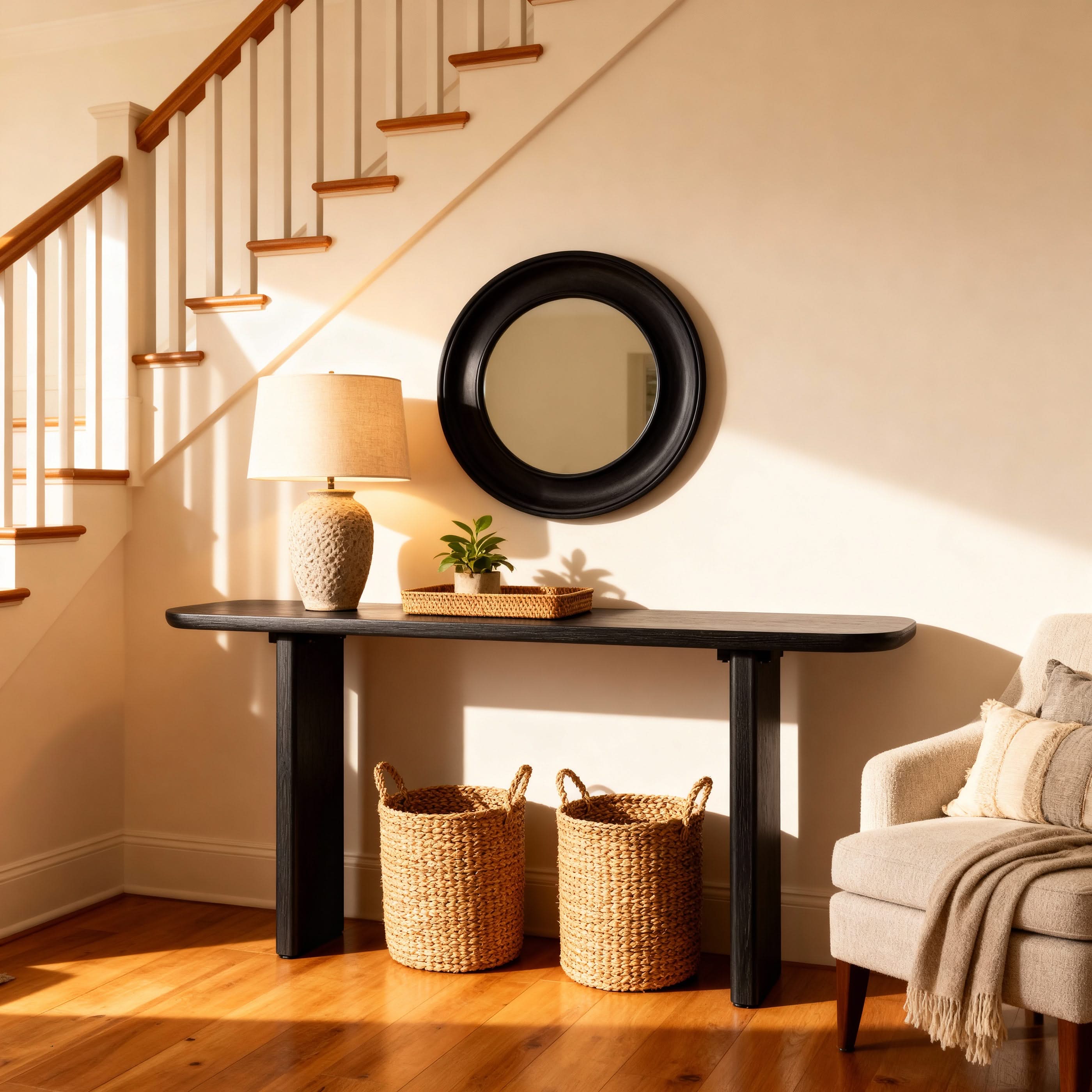 Nook with a black table, lamp, mirror, and baskets on a wooden floor.

