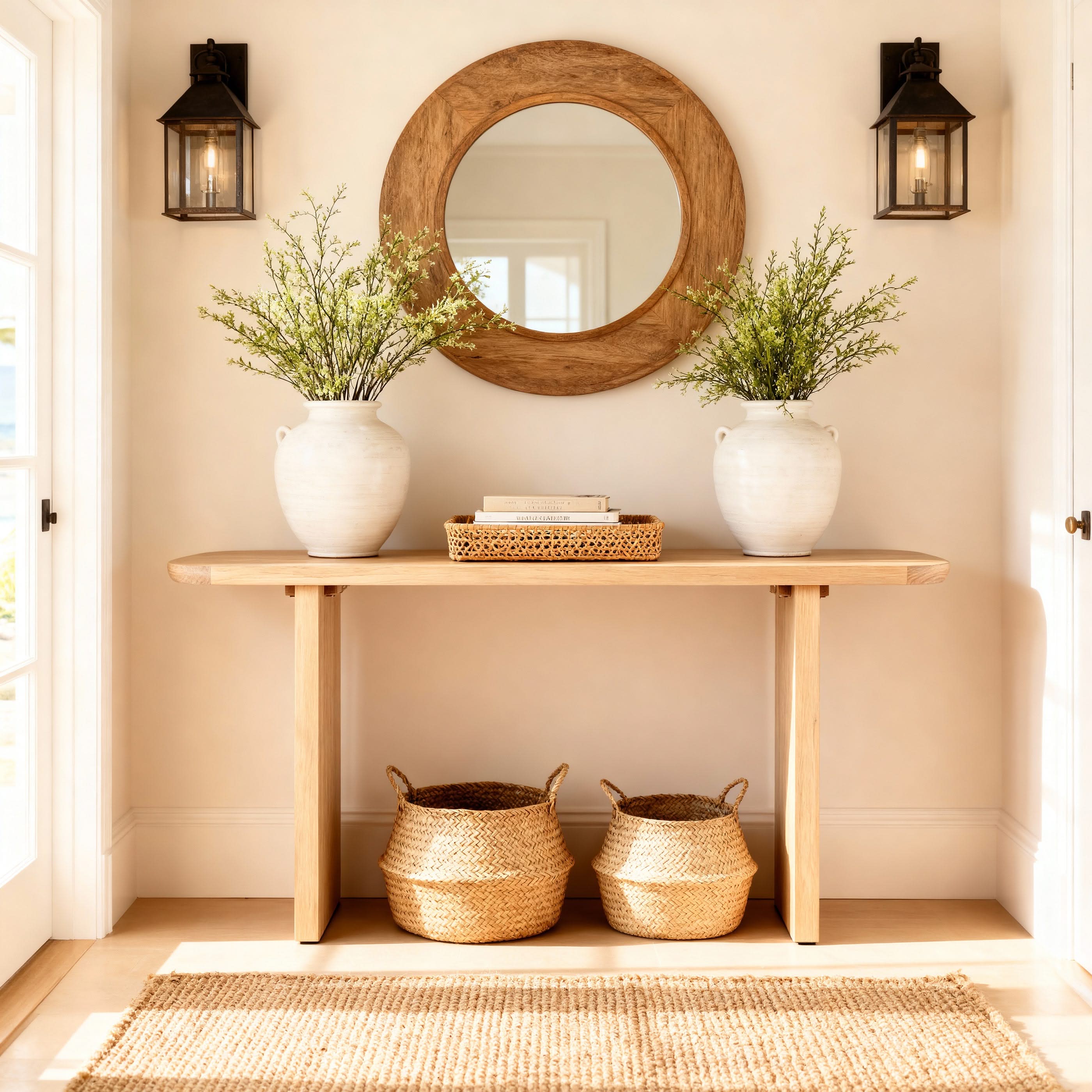 Nestled entryway with wooden console table, round mirror, and decorative items.


