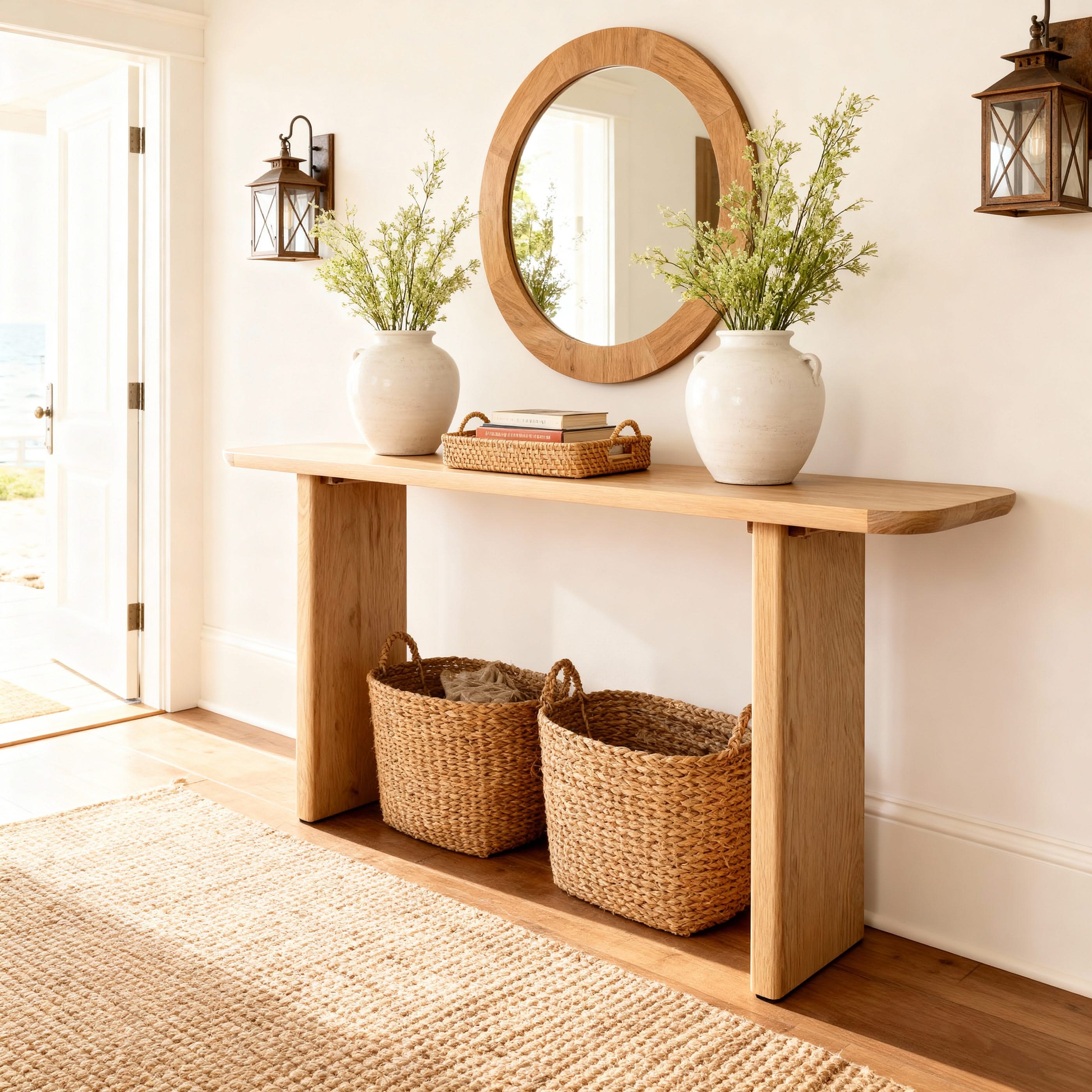 Wooden console table with decorative items in a home setting

