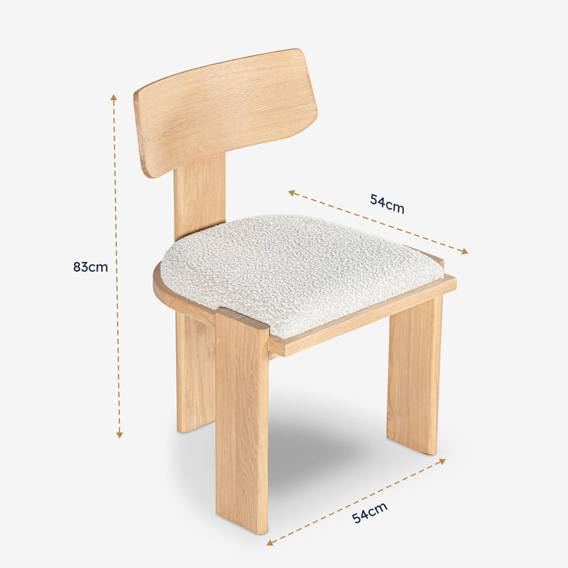 Wooden chair with a white cushioned seat, shown with dimensions on a white background.

