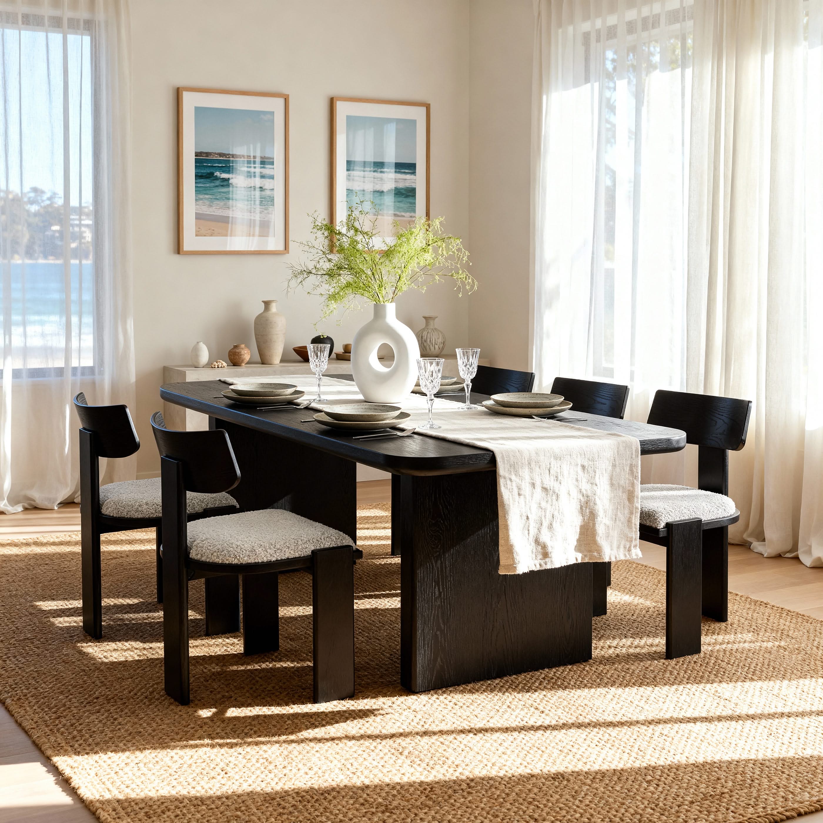 Dining room with a black table and chairs, white tablecloth, and beach-themed decor.

