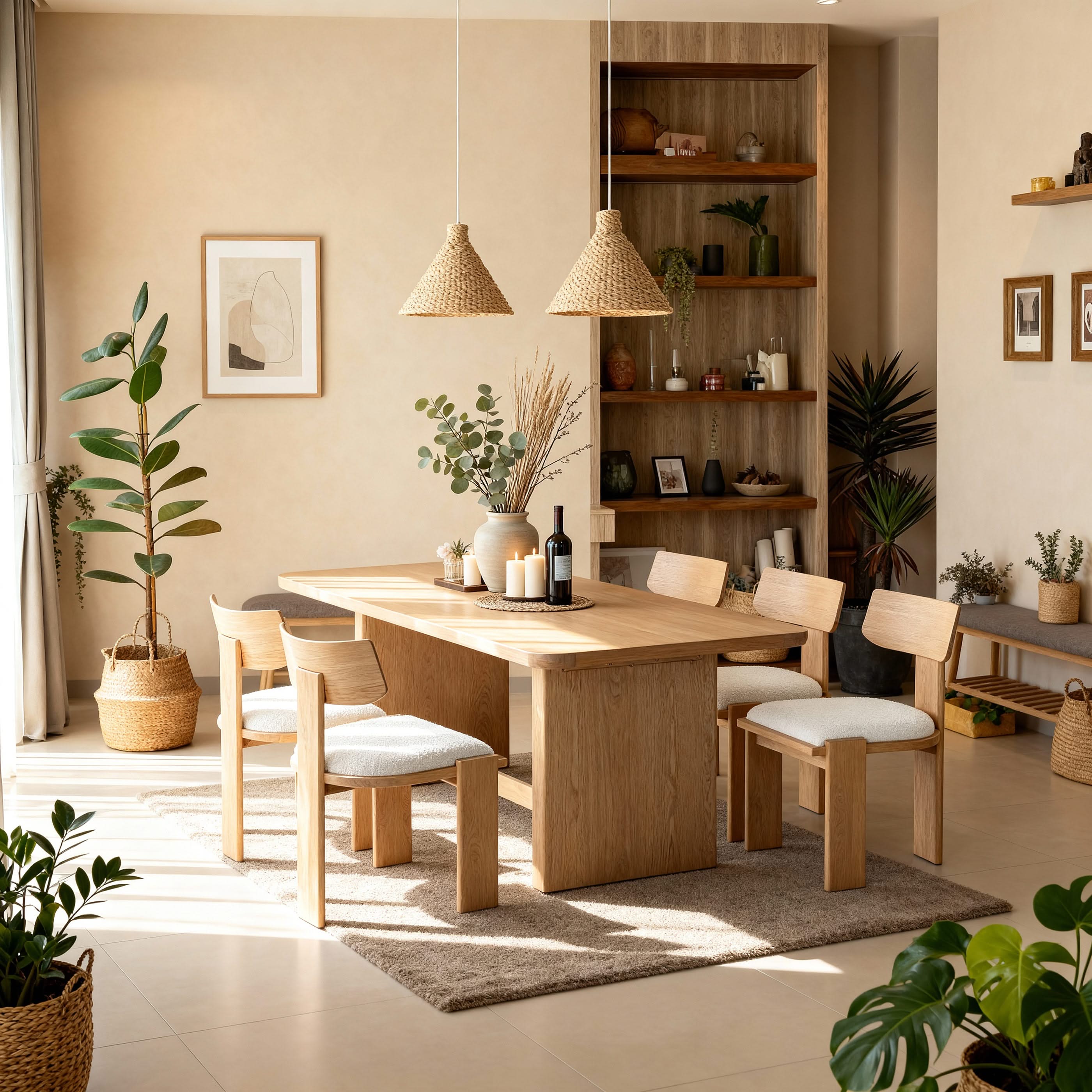 Dining room with wooden table, chairs, and shelves decorated with plants and decor items.

