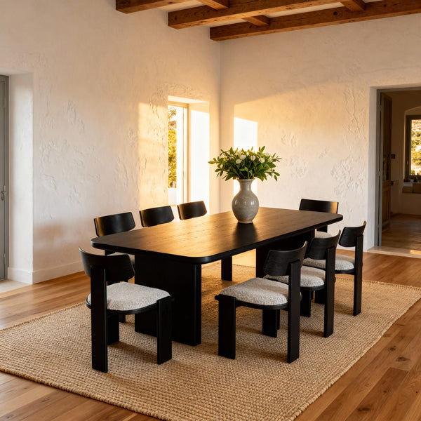 Dining room with a wooden table and chairs on a jute rug.

