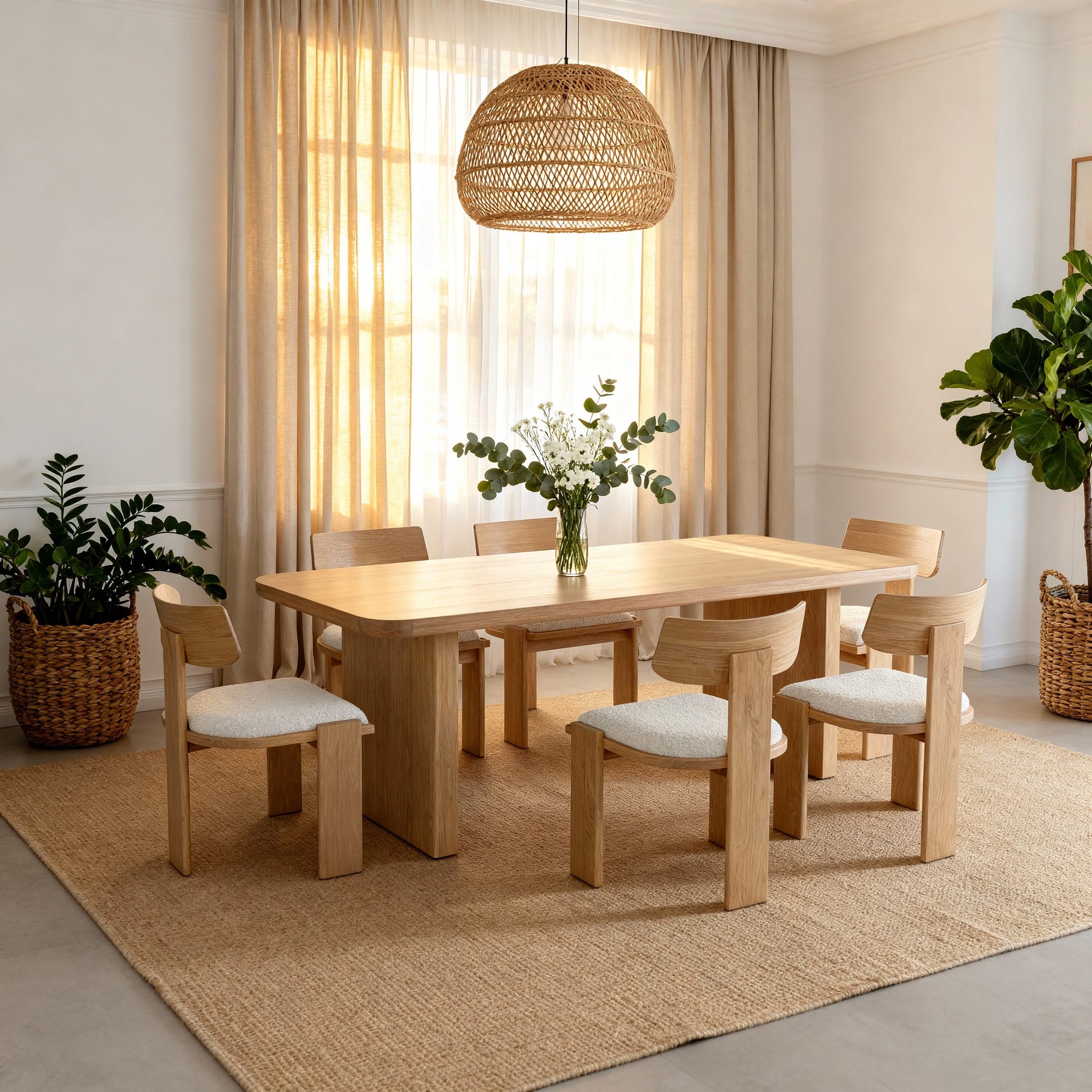 Dining room with wooden table and chairs on a beige rug, plants, and a woven pendant light.

