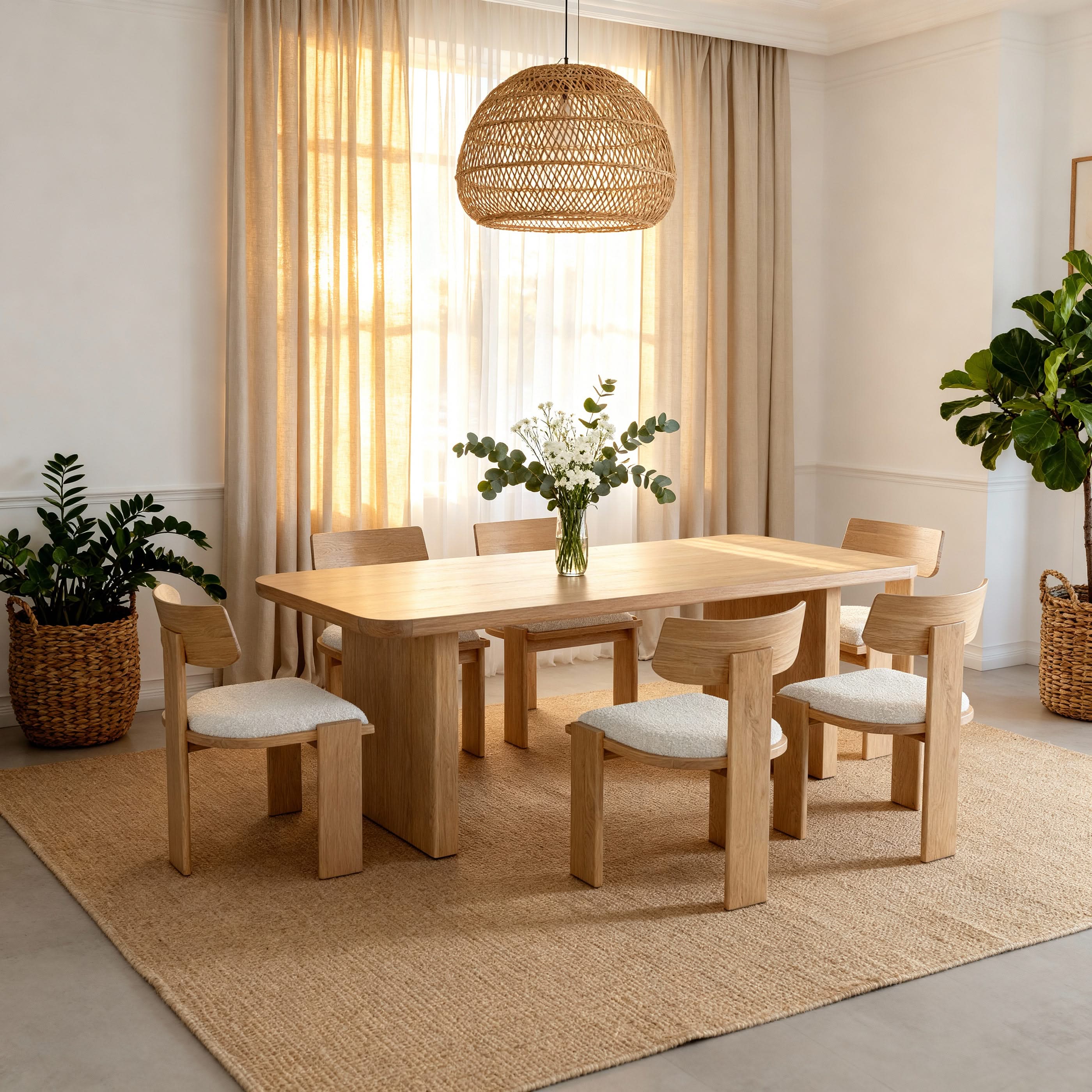 Dining room with wooden table and chairs on a beige rug, plants, and a woven pendant light.

