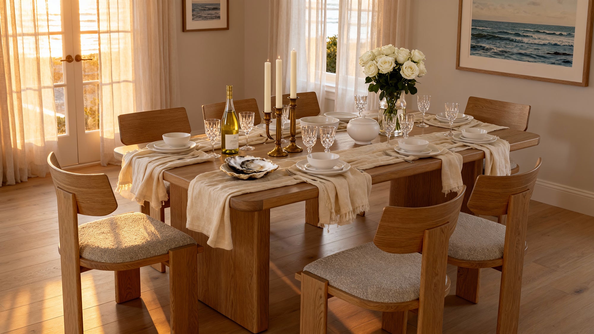Liverpool Pine Dining Table 240cm with 8 Chairs - Natural set with roses