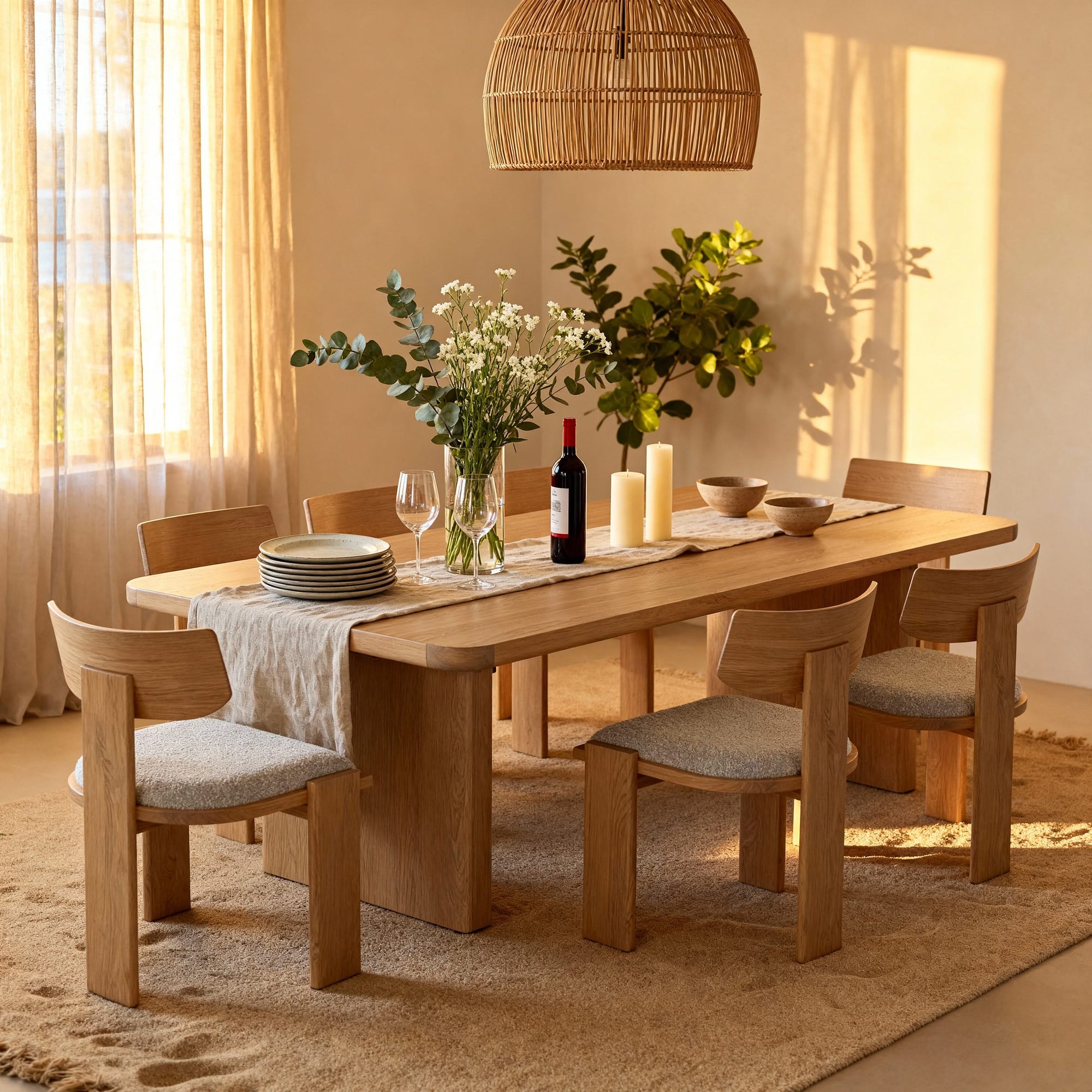 Dining room with wooden table and chairs, set for a meal with wine and flowers.

