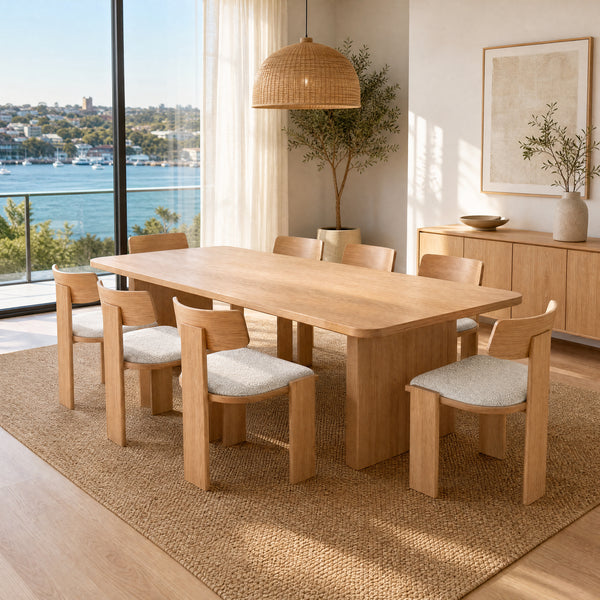 Liverpool Pine Dining Table 240cm with 8 Chairs - Natural