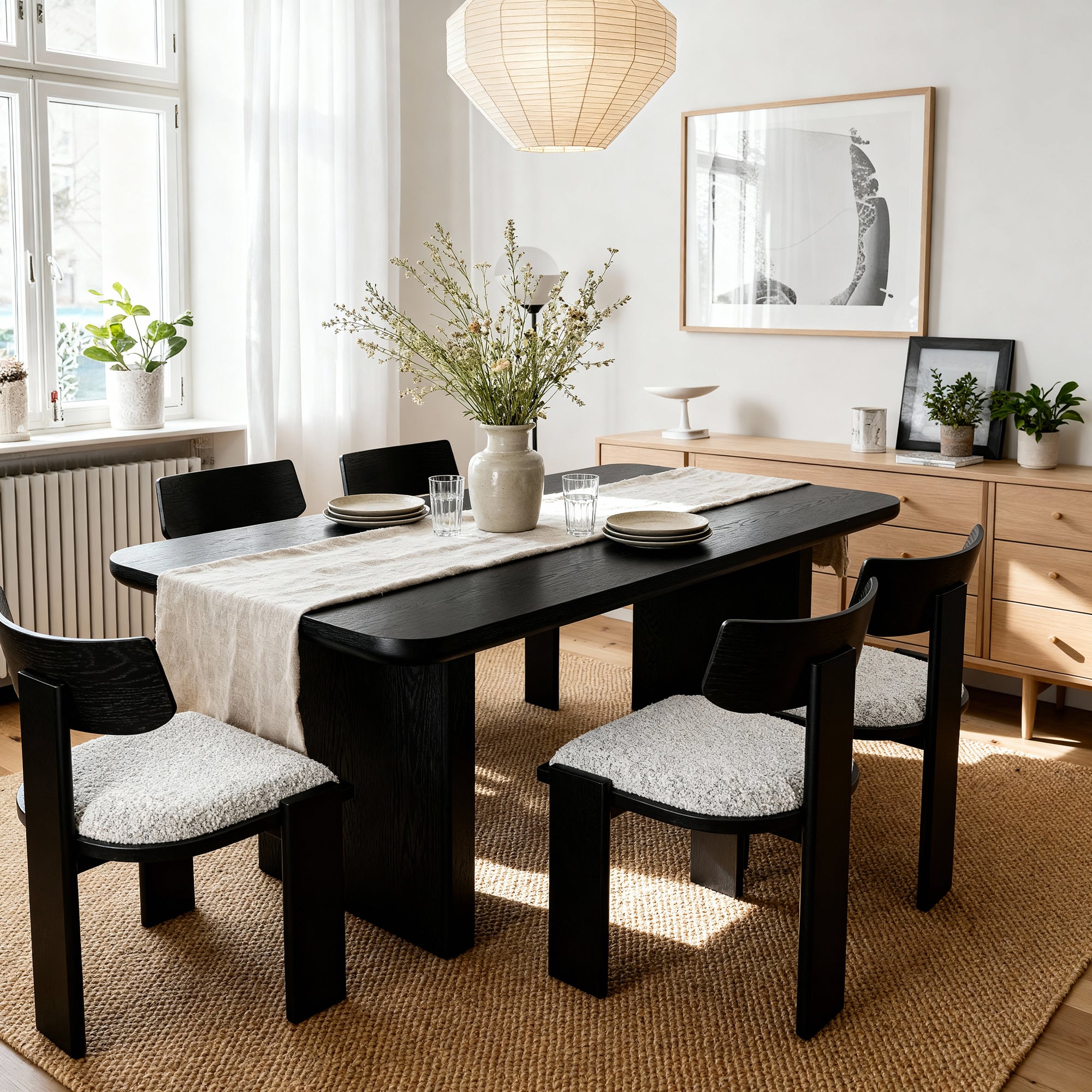 Dining room with a black table and chairs, light-colored walls, and decorative elements.

