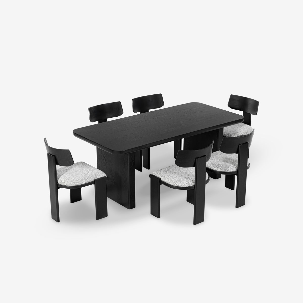 Black dining table with six chairs on a white background

