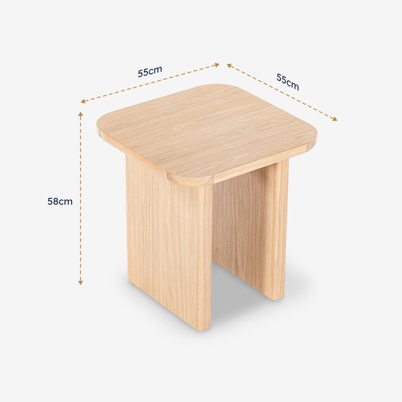 Wooden stool with dimensions labeled on a white background

