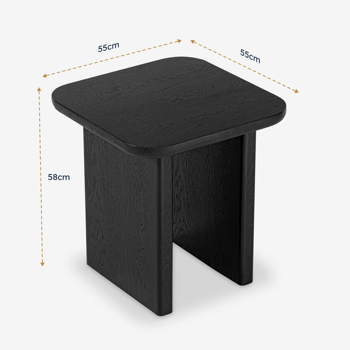 Black square stool with dimensions indicated on a white background

