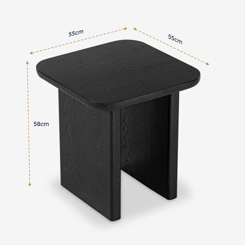 Black square stool with dimensions indicated on a white background

