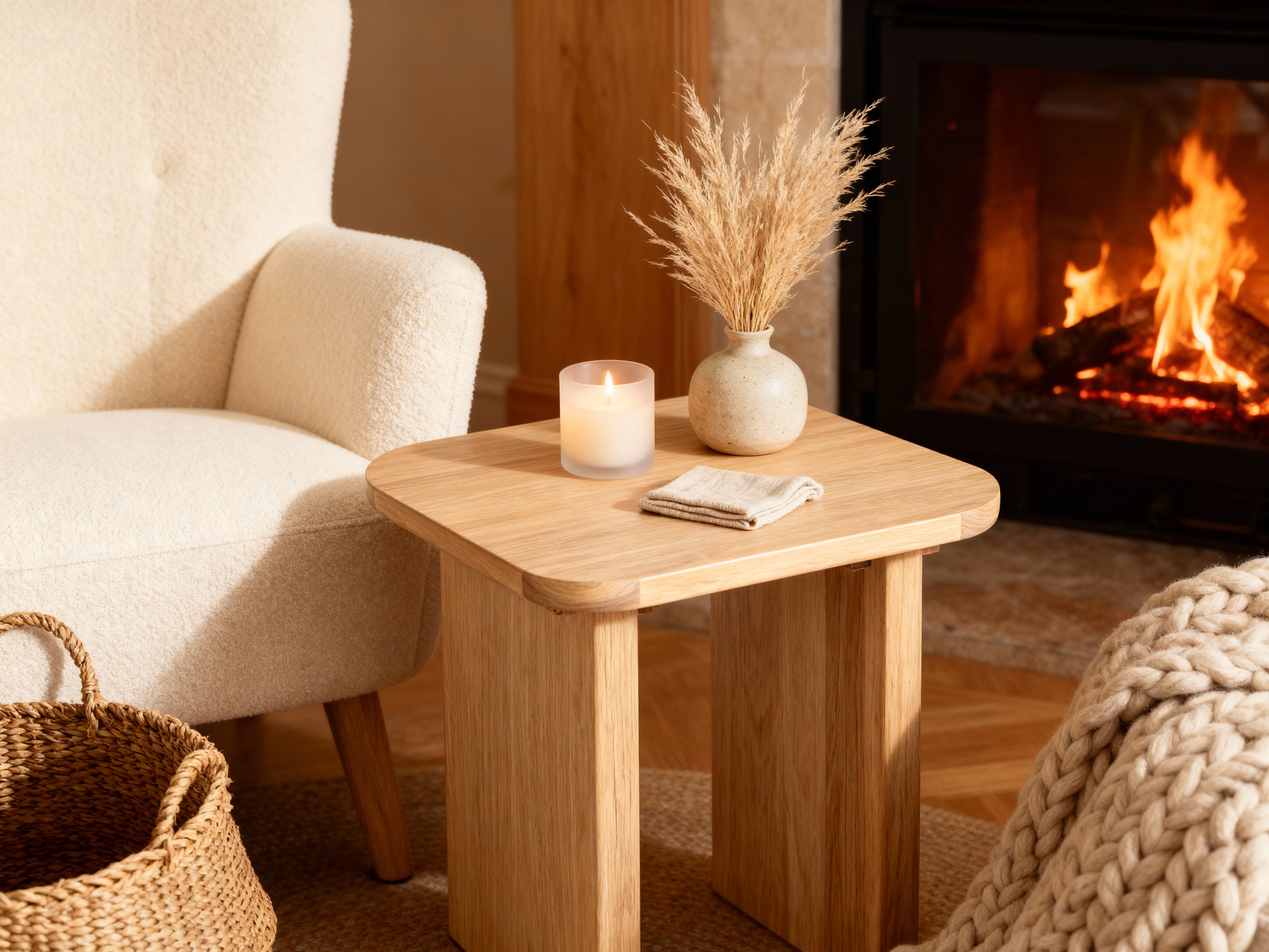 Wooden side table with a candle and decorative vase in front of a fireplace.

