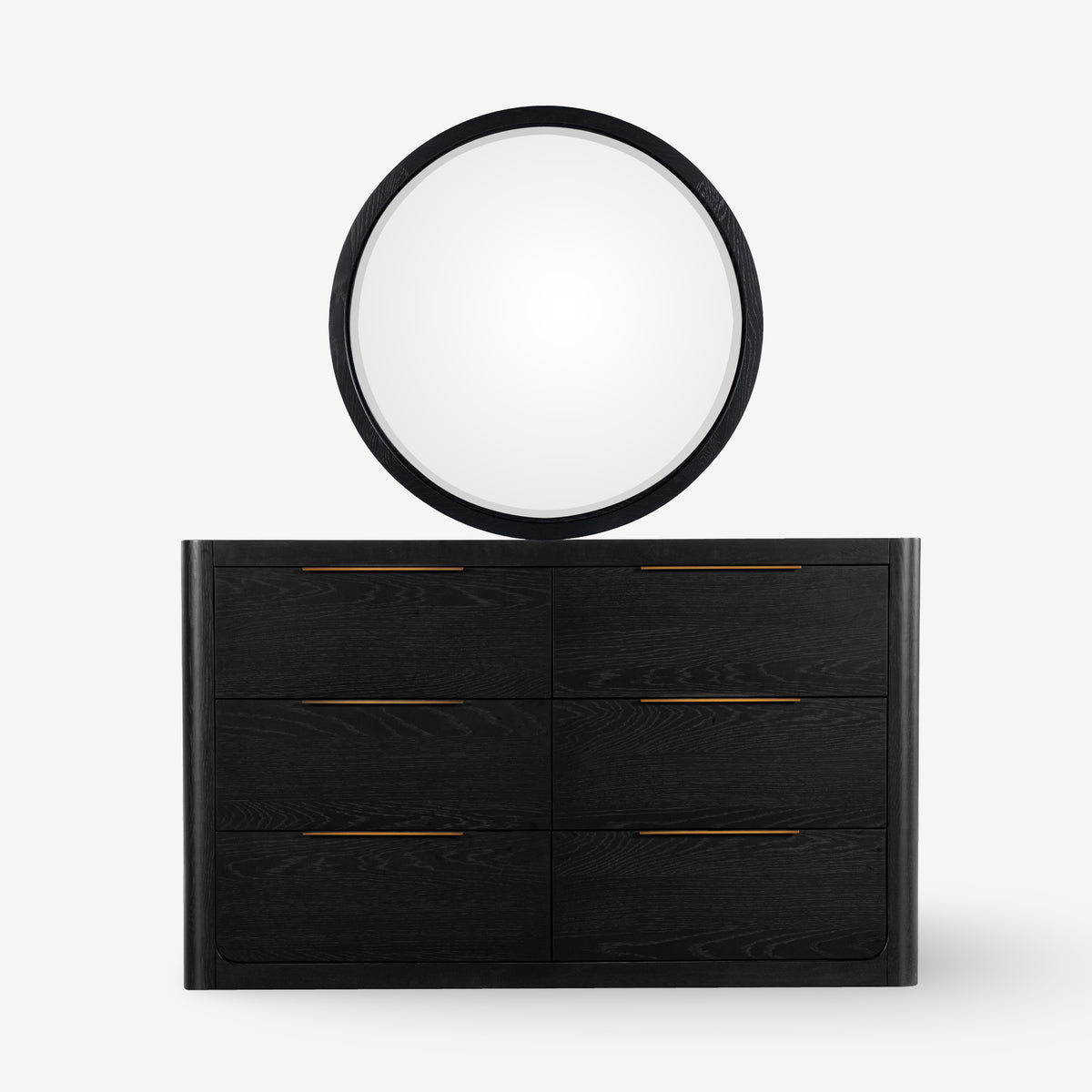 Black dresser with round mirror on a white background

