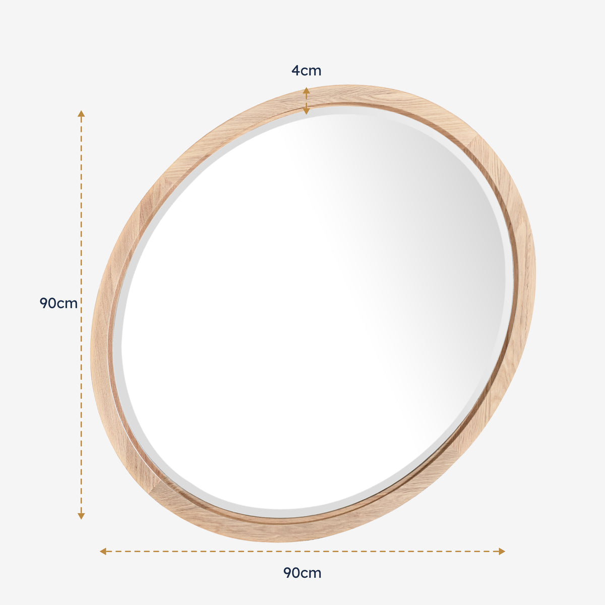 Round mirror with wooden frame and dimensions on a white background

