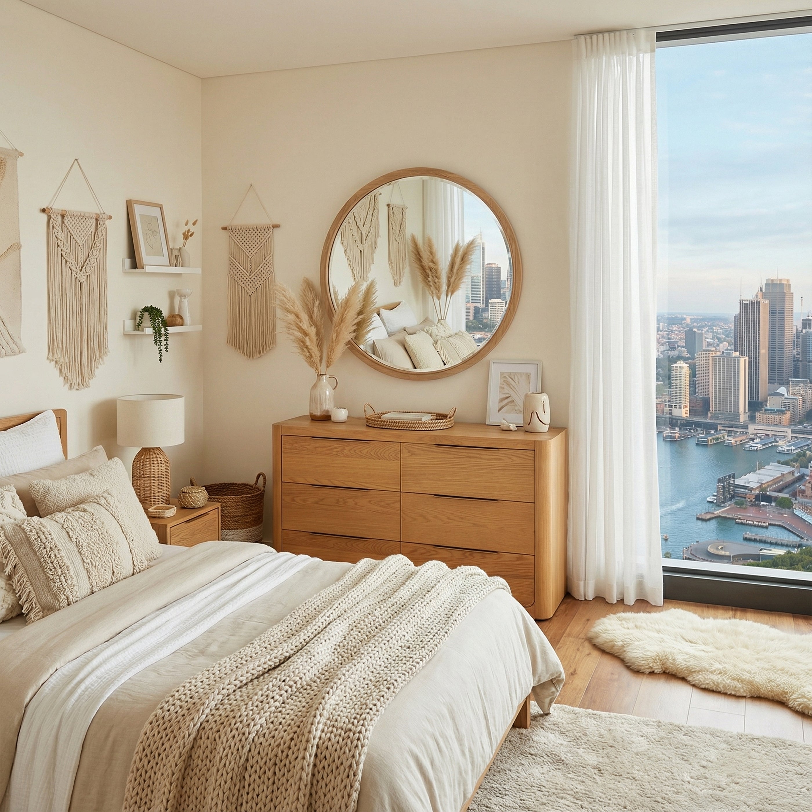 Neatly arranged bedroom with wooden dresser, round mirror, and city view.

