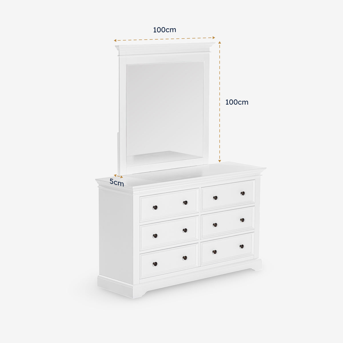 London Pine Mirror shown in a dimension diagram marked 100cm by 100cm, standing on a matching six drawer chest