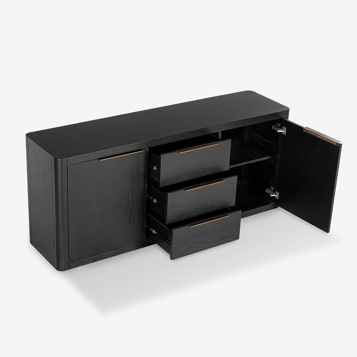 Black sideboard with open doors on a white background

