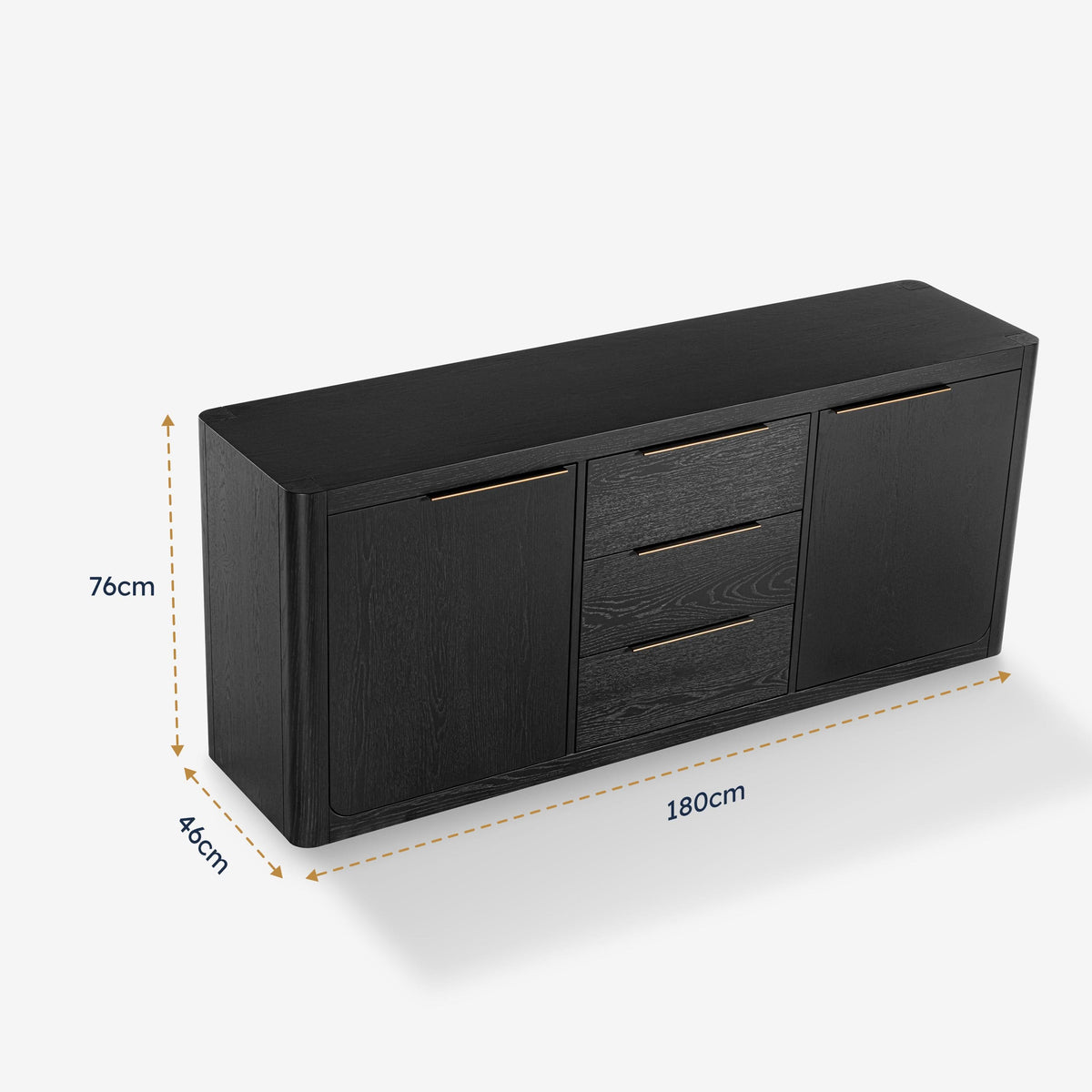 Black sideboard with dimensions indicated on a white background

