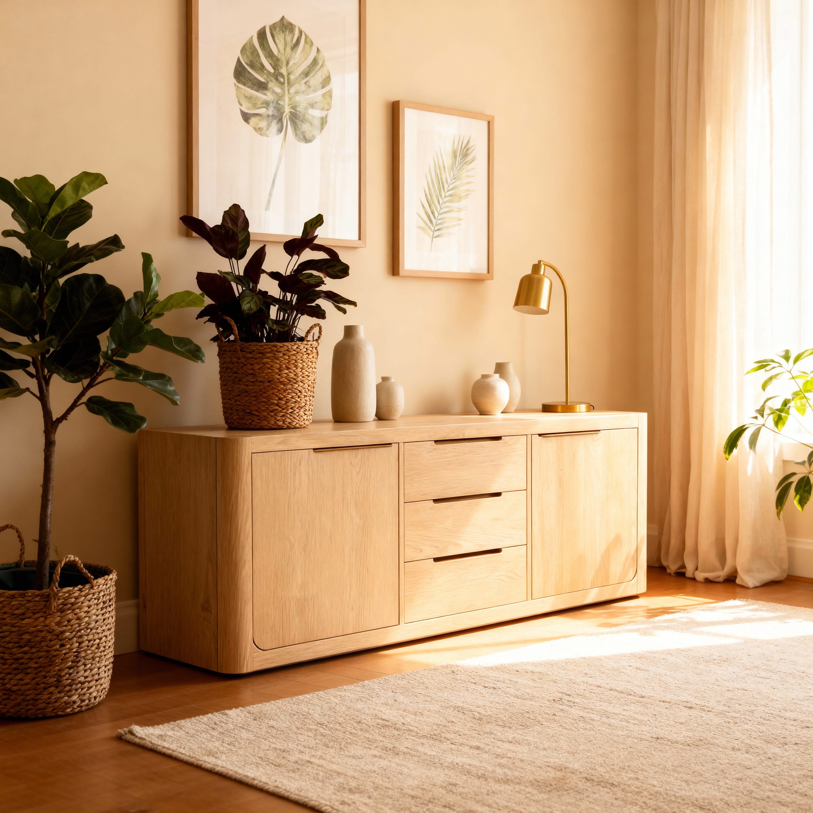 Wooden sideboard in a living room with plants and decor

