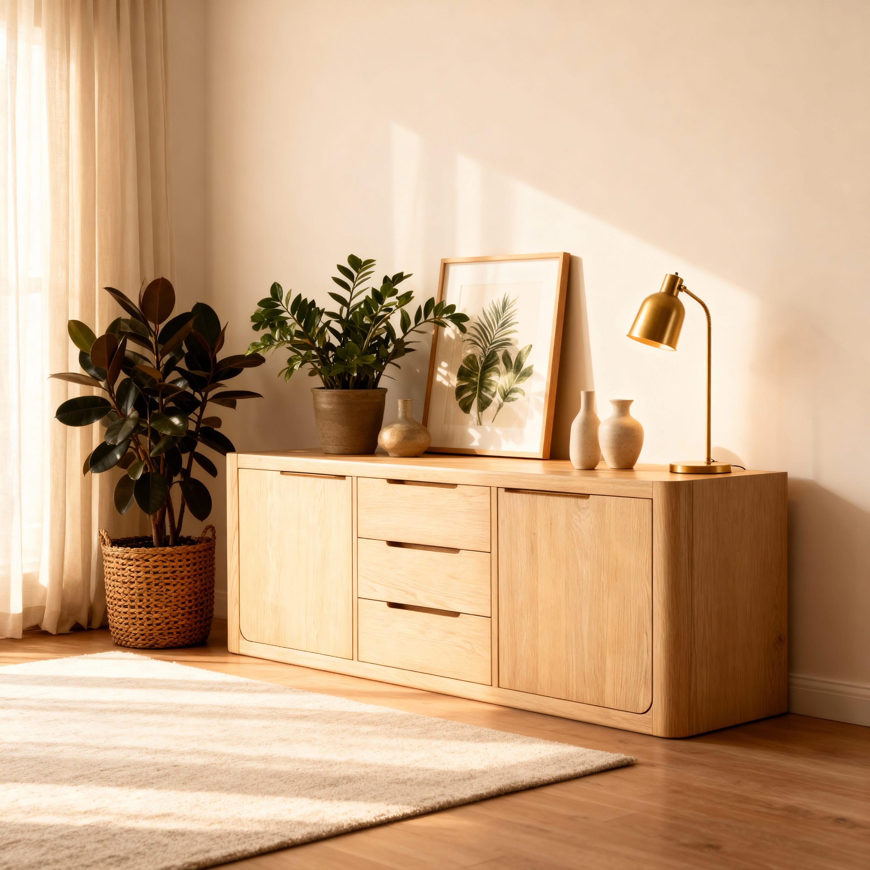 Wooden sideboard in a room with plants and decor


